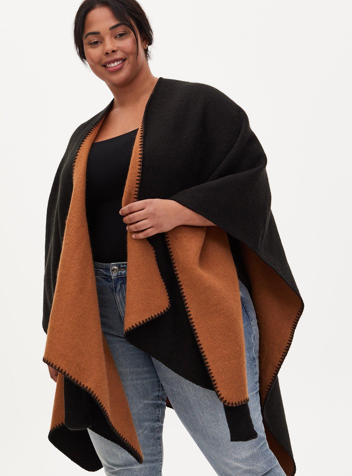 Black & Cognac Reversible Belted Ruana, , hi-res