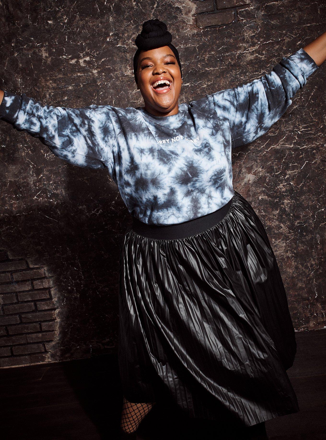 Plus Size Not Sorry Black & White Tie-Dye Fleece Crew Sweatshirt, , hi-res