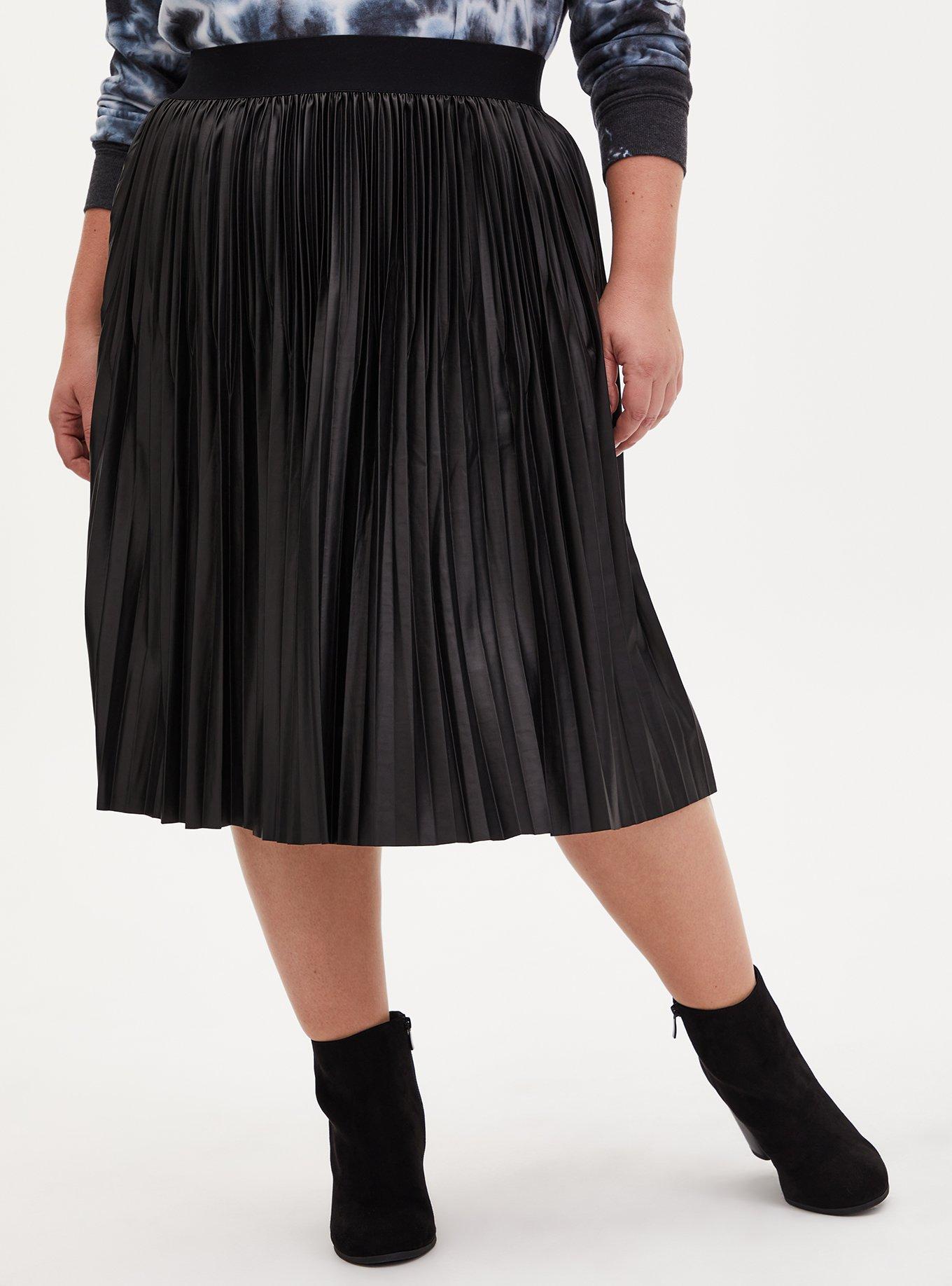 Plus Size - Black Premium Ponte Coated Pleated Midi Skirt - Torrid