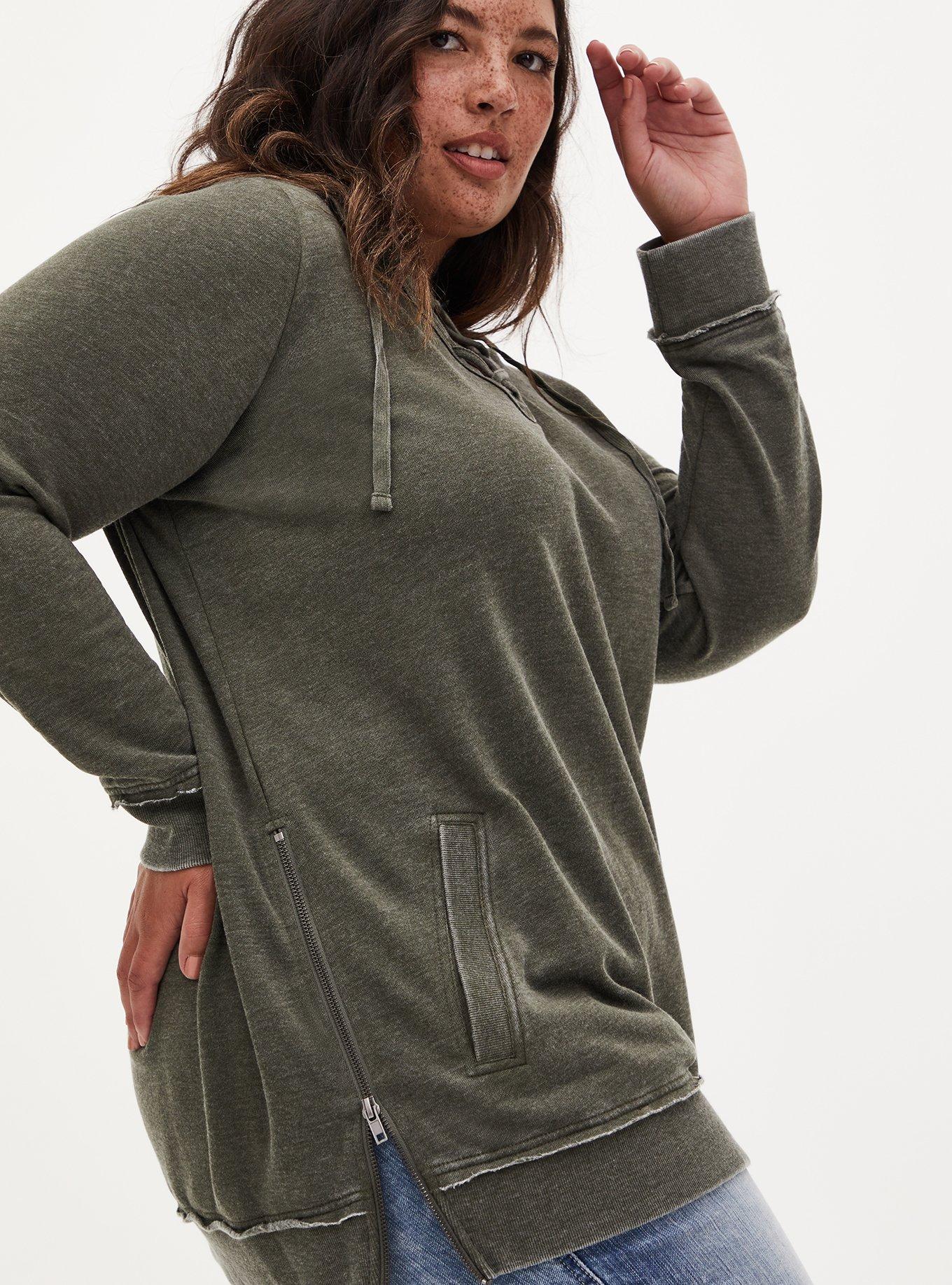 Plus Size - Fleece Burnout Lace-Up Side Tunic Hoodie - Torrid