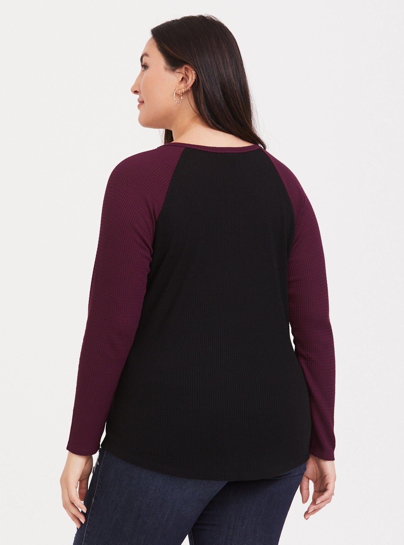 Plus Size Waffle V-Neck Henley Raglan Long Sleeve Tee, DEEP BLACK, alternate