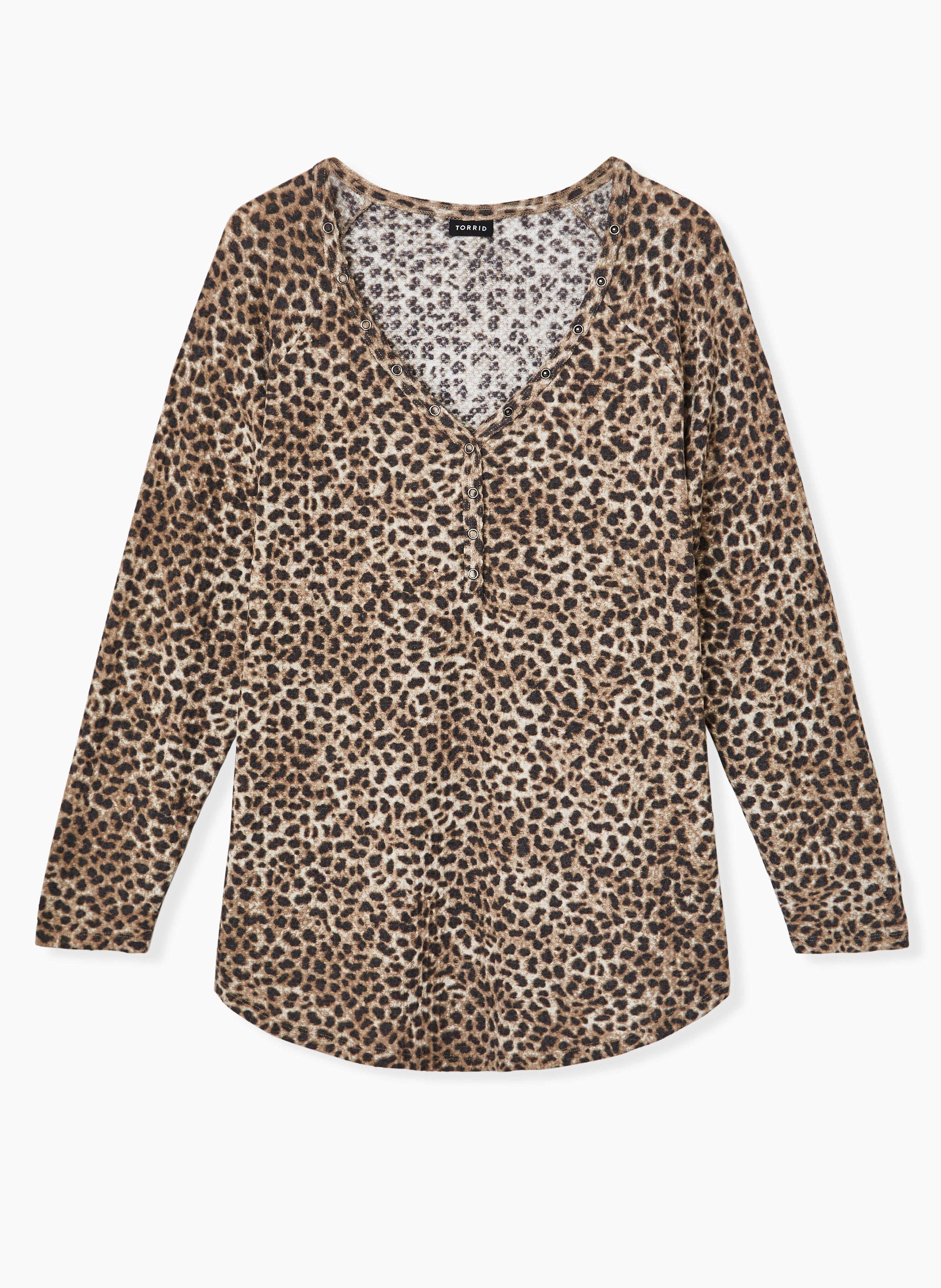 Waffle V-Neck Henley Raglan Long Sleeve Tee, LEOPARD, hi-res