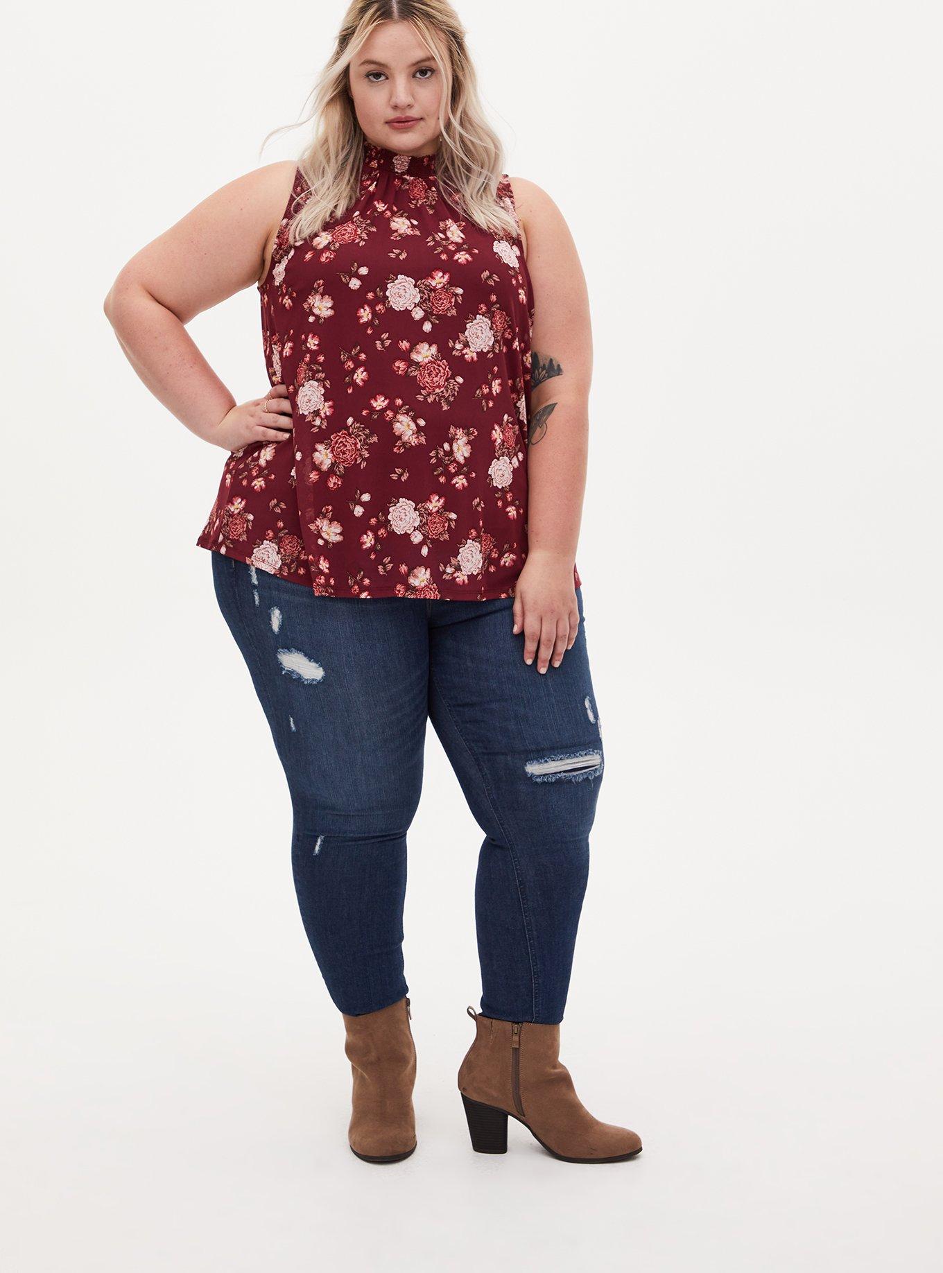 Plus Size Dark Red Floral Mesh Smocked Mock Neck Tank, NONEC, alternate