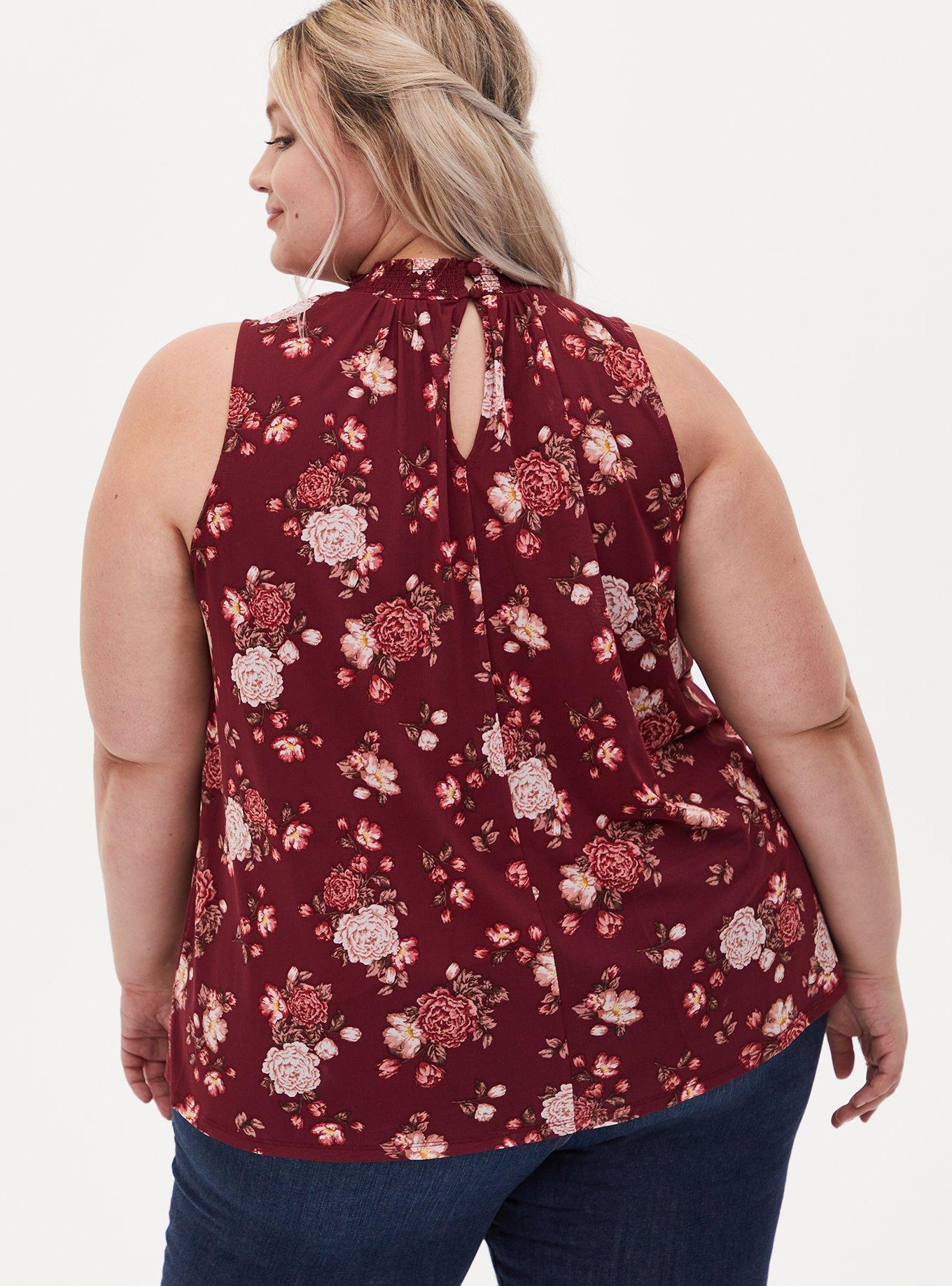 Plus Size Dark Red Floral Mesh Smocked Mock Neck Tank, NONEC, alternate