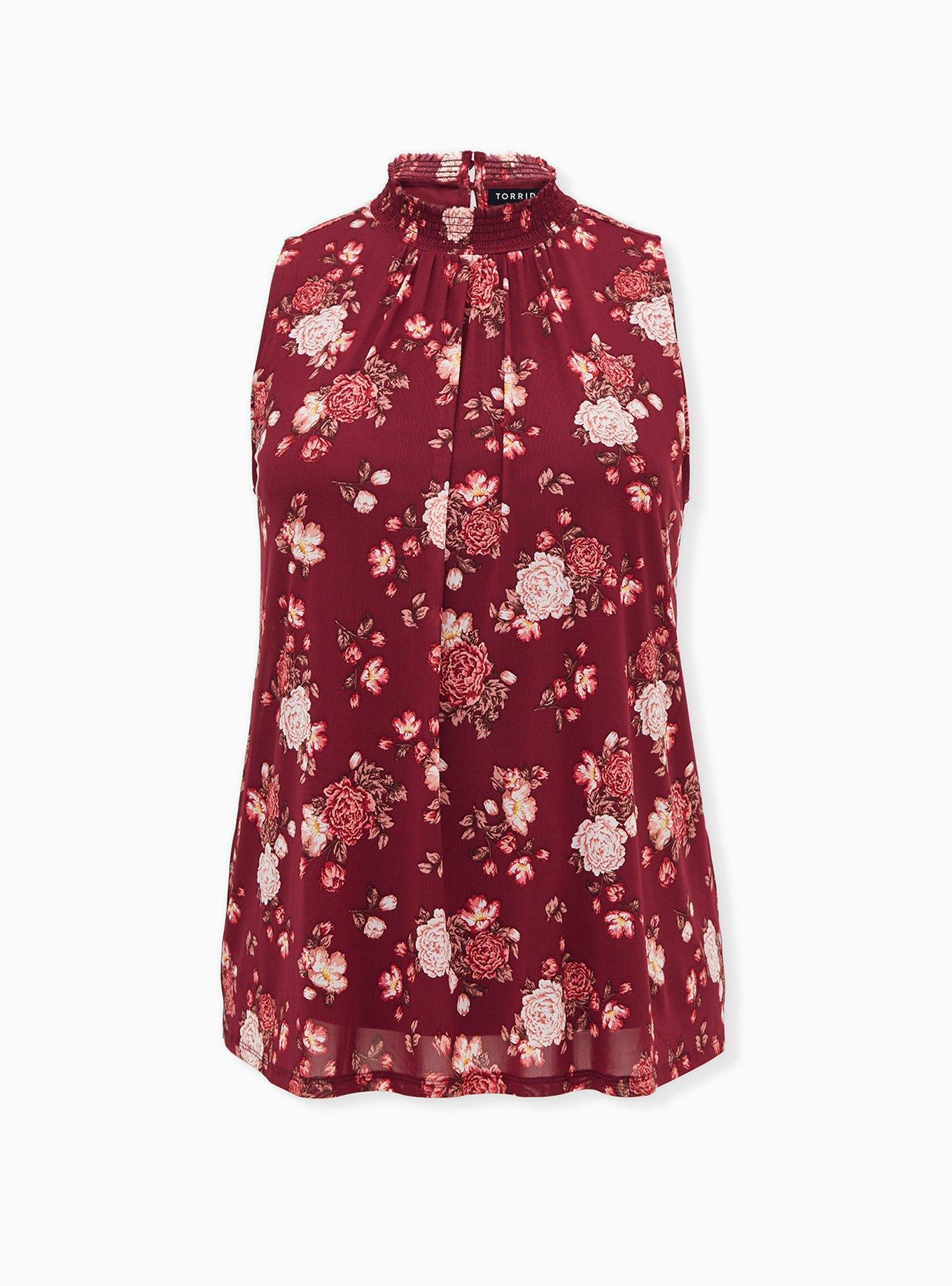 Plus Size Dark Red Floral Mesh Smocked Mock Neck Tank, NONEC, hi-res
