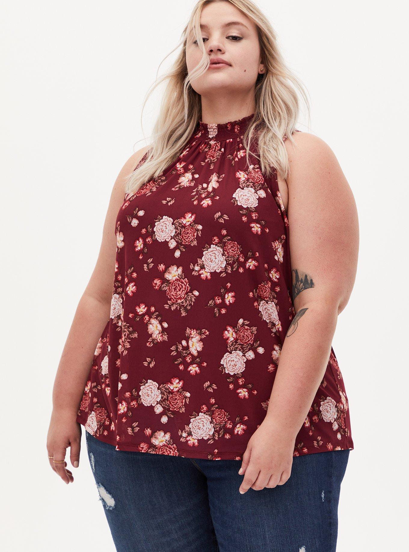 Plus Size Dark Red Floral Mesh Smocked Mock Neck Tank, NONEC, hi-res