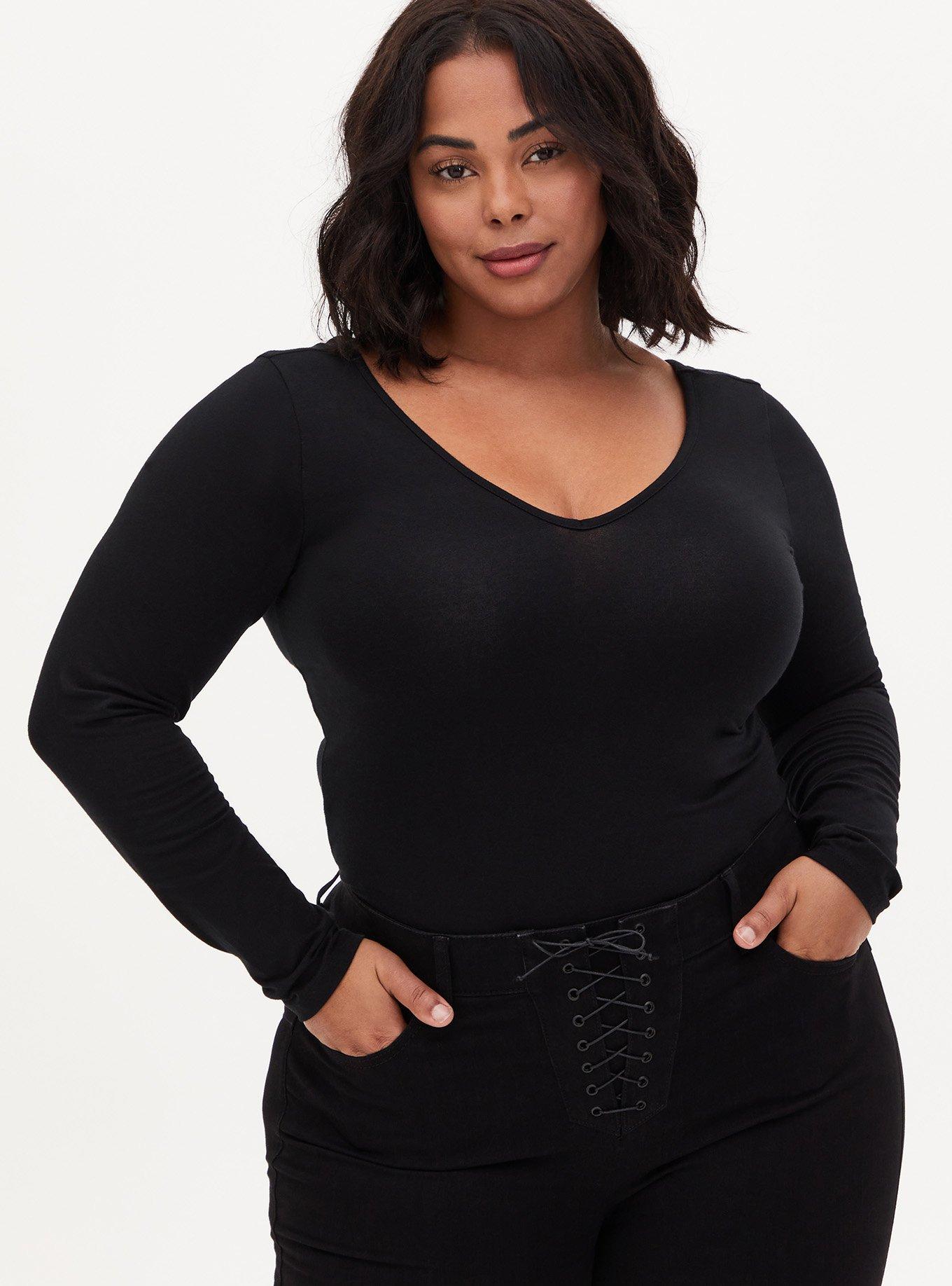 Final Sale Plus Size Long Sleeve Faux Wrap Bodysuit in Black Floral Pr
