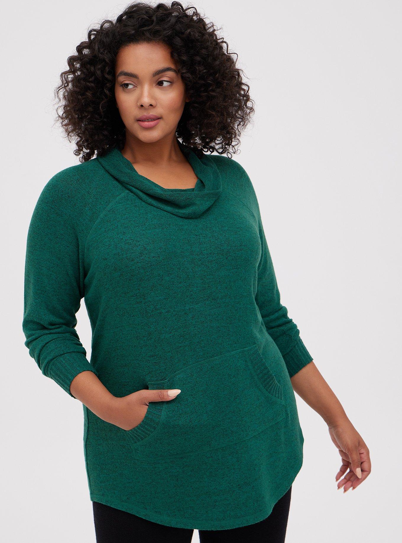 Plus Size Super Soft Plush Cowl Neck Raglan Tunic Sweatshirt