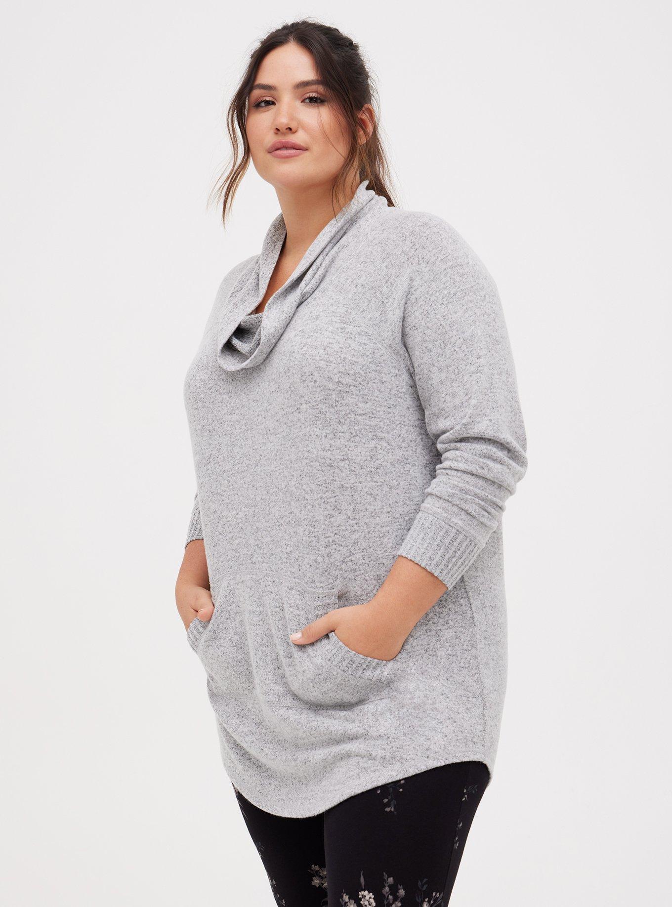 Plus Size - Super Soft Plush Cowl Neck Raglan Tunic Sweatshirt