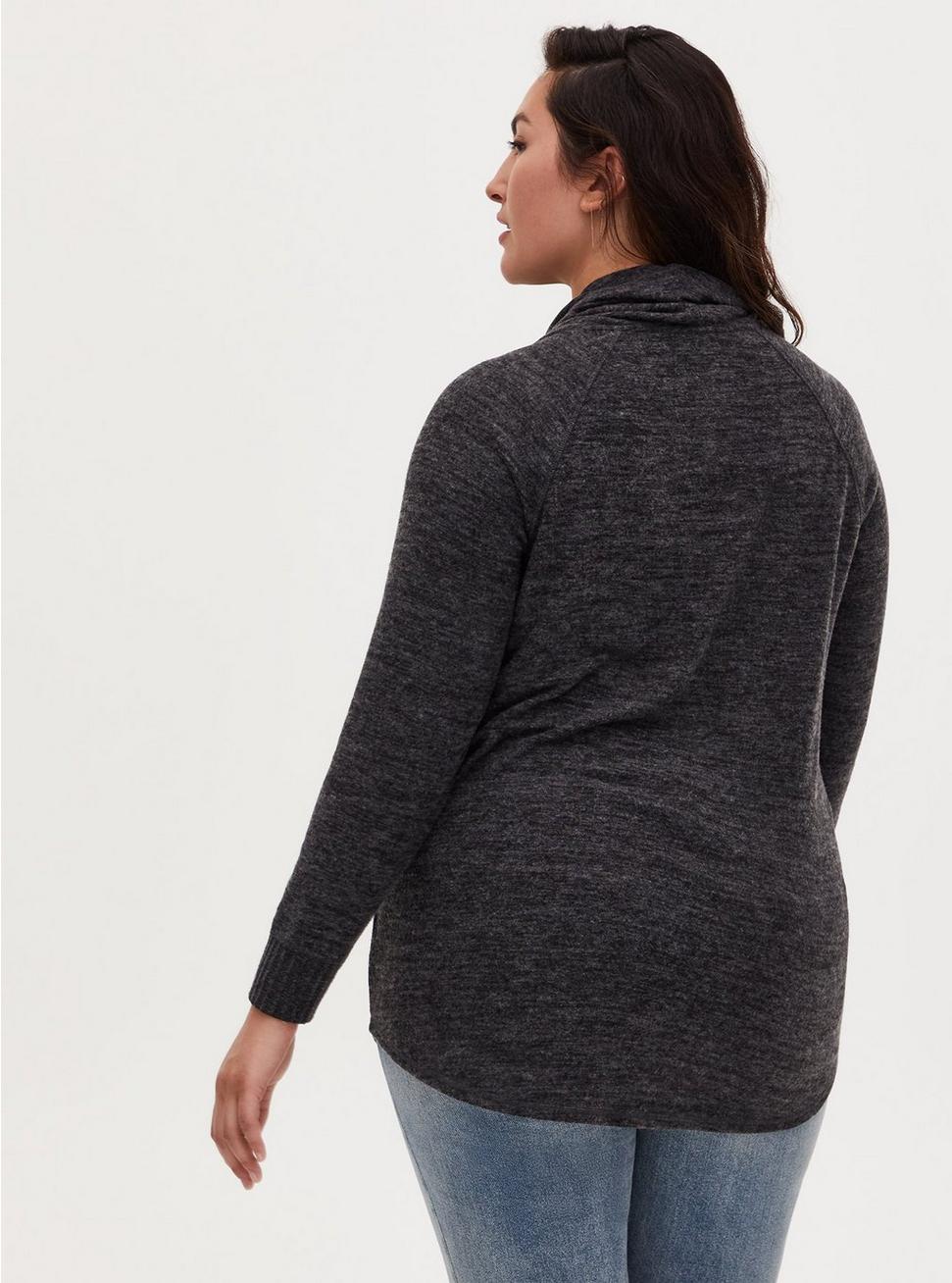 Plus Size Super Soft Plush Cowl Neck Raglan Tunic Sweatshirt, DEEP BLACK, alternate