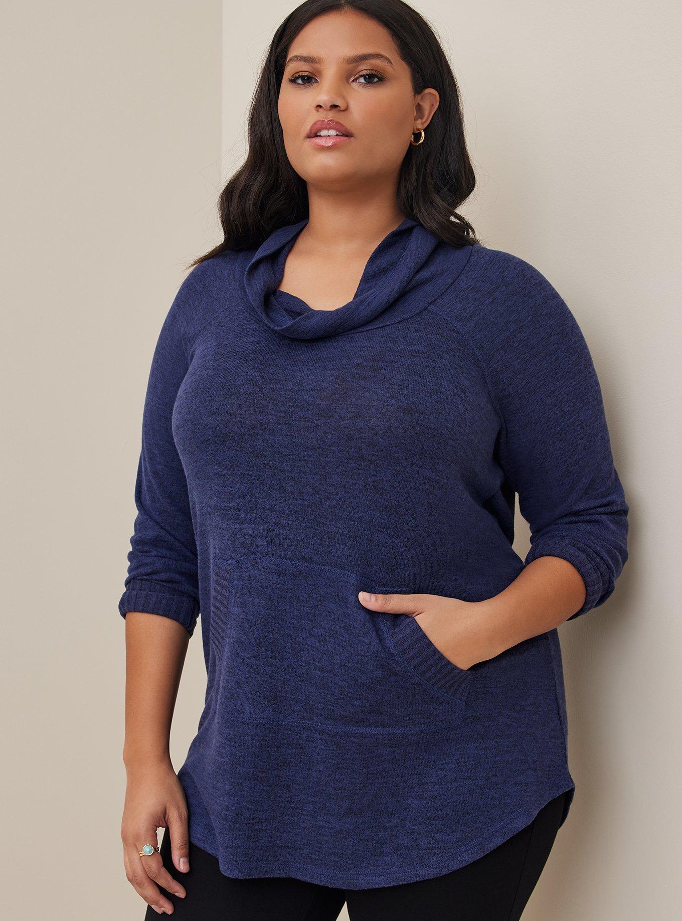 Plus Size - Super Soft Plush Cowl Neck Raglan Tunic Sweatshirt