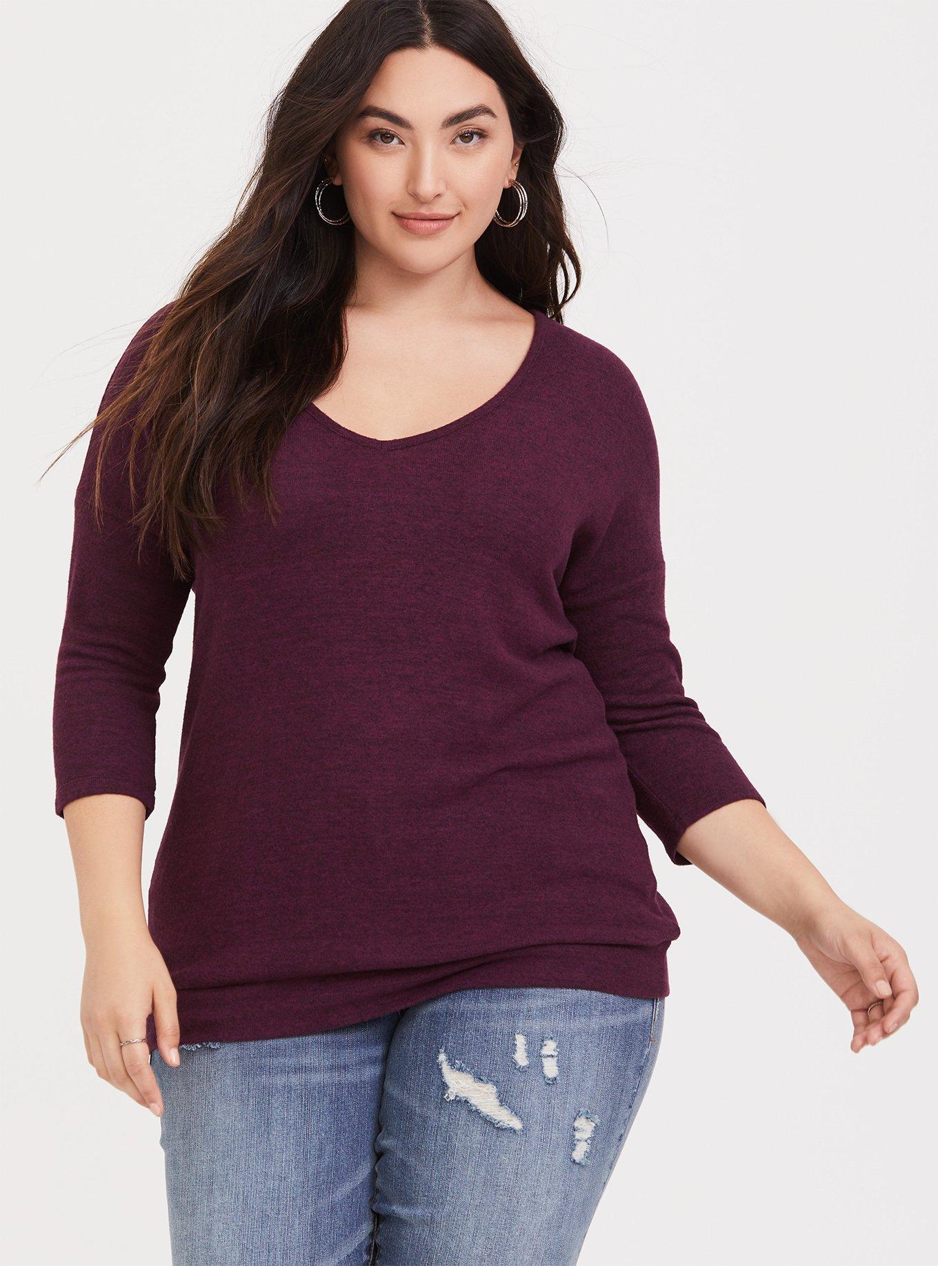 Plus Size Relaxed Fit Super Soft Plush V Neck Drop Shoulder Long Sleeve Tee Torrid