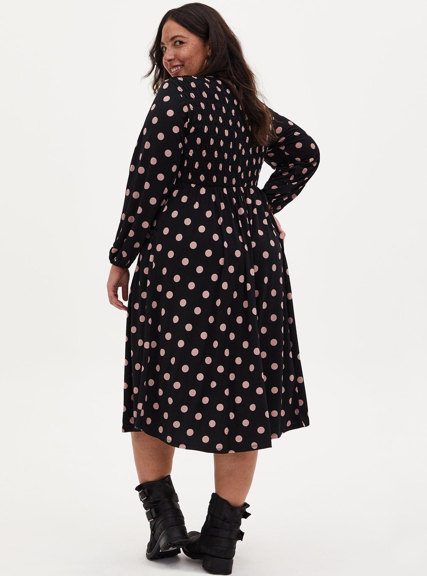 Plus Size - Black & Pink Polka Dot Studio Knit Smocked Midi Dress - Torrid