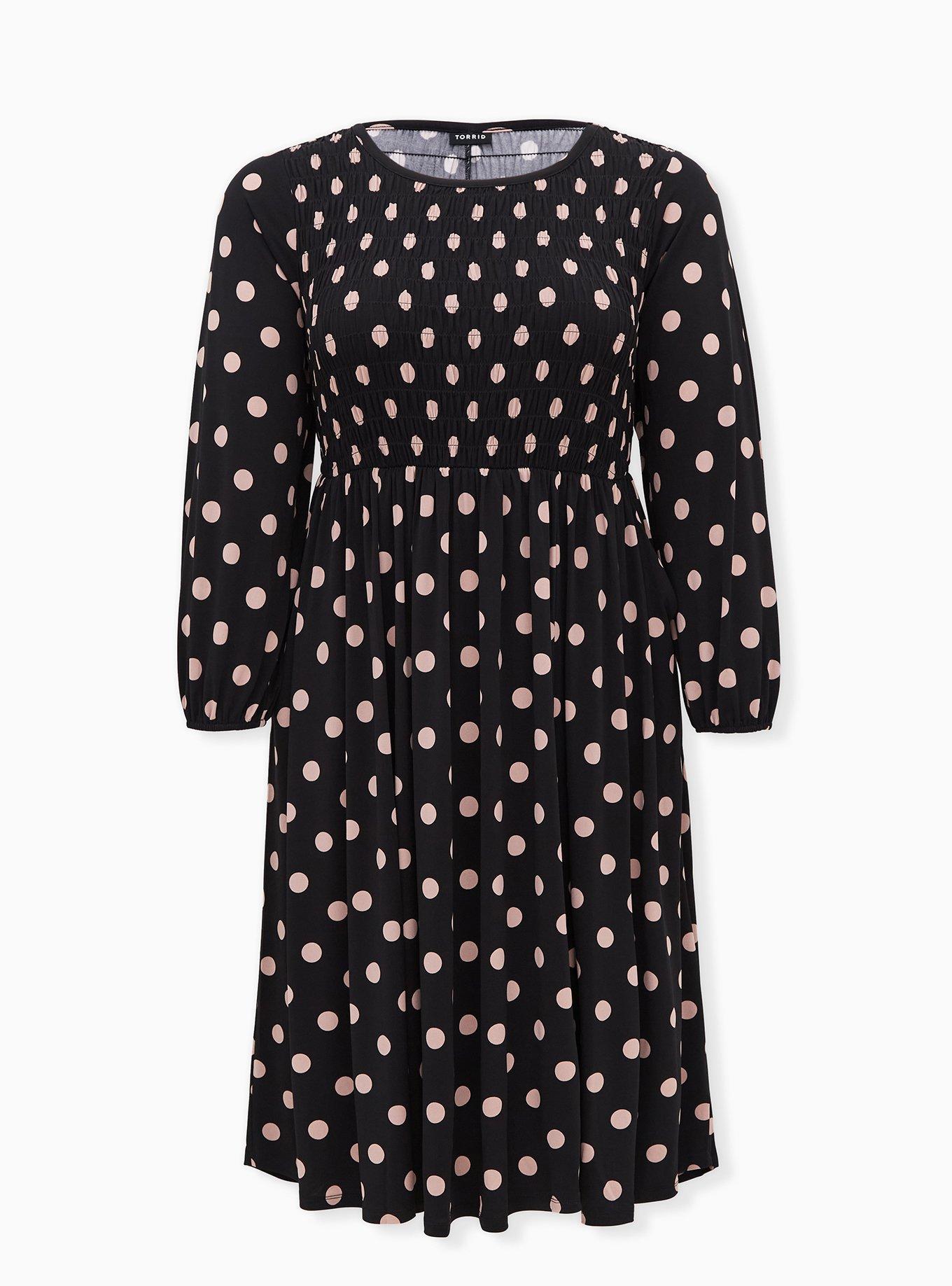 Plus Size - Black & Pink Polka Dot Studio Knit Smocked Midi Dress