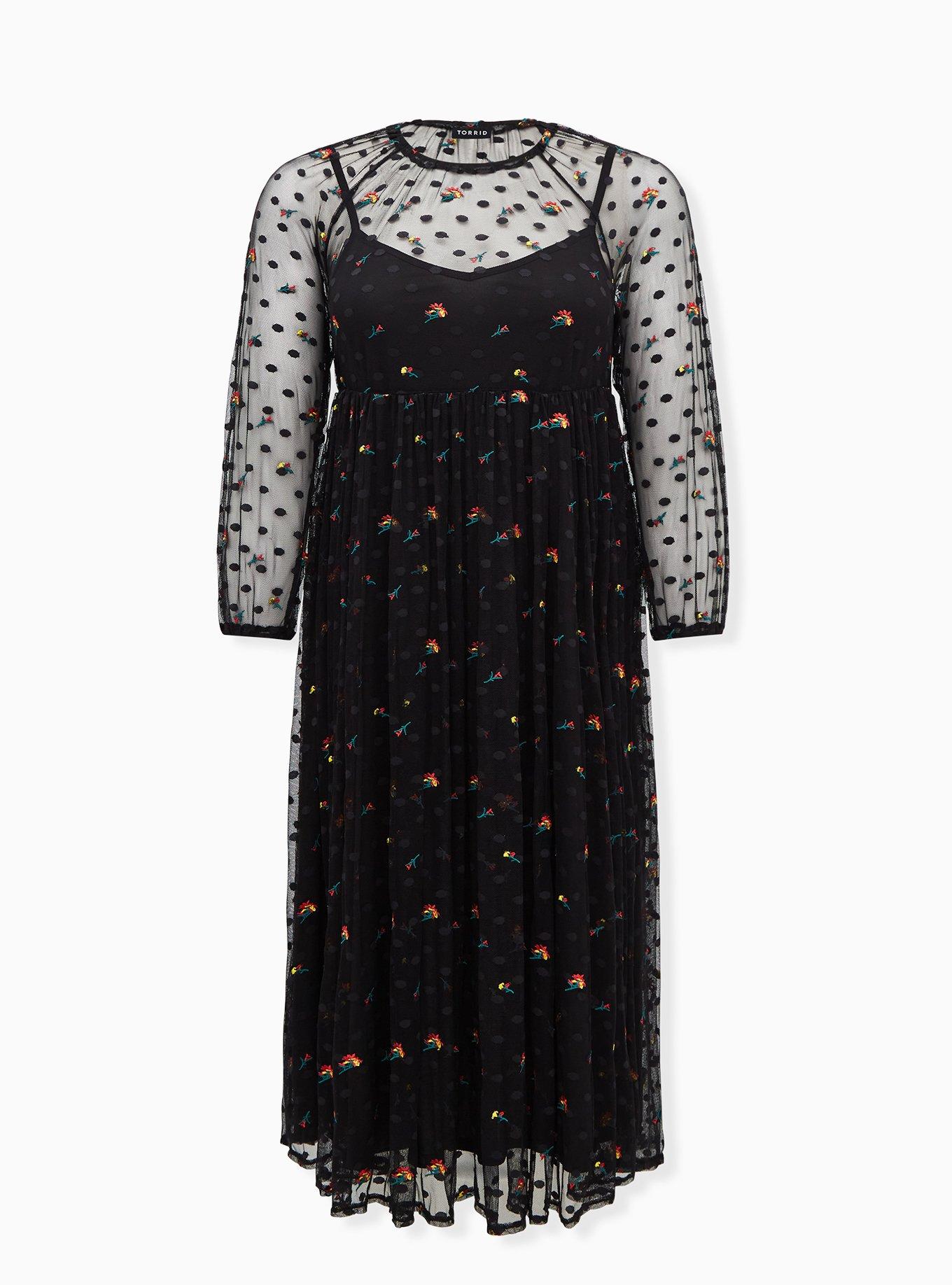 Plus Size Black Embroidered Floral Mesh Tea Length Skater Dress, , hi-res