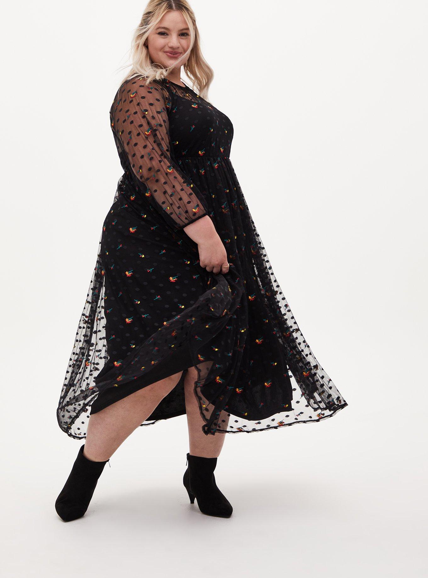 Plus Size Black Embroidered Floral Mesh Tea Length Skater Dress, , hi-res