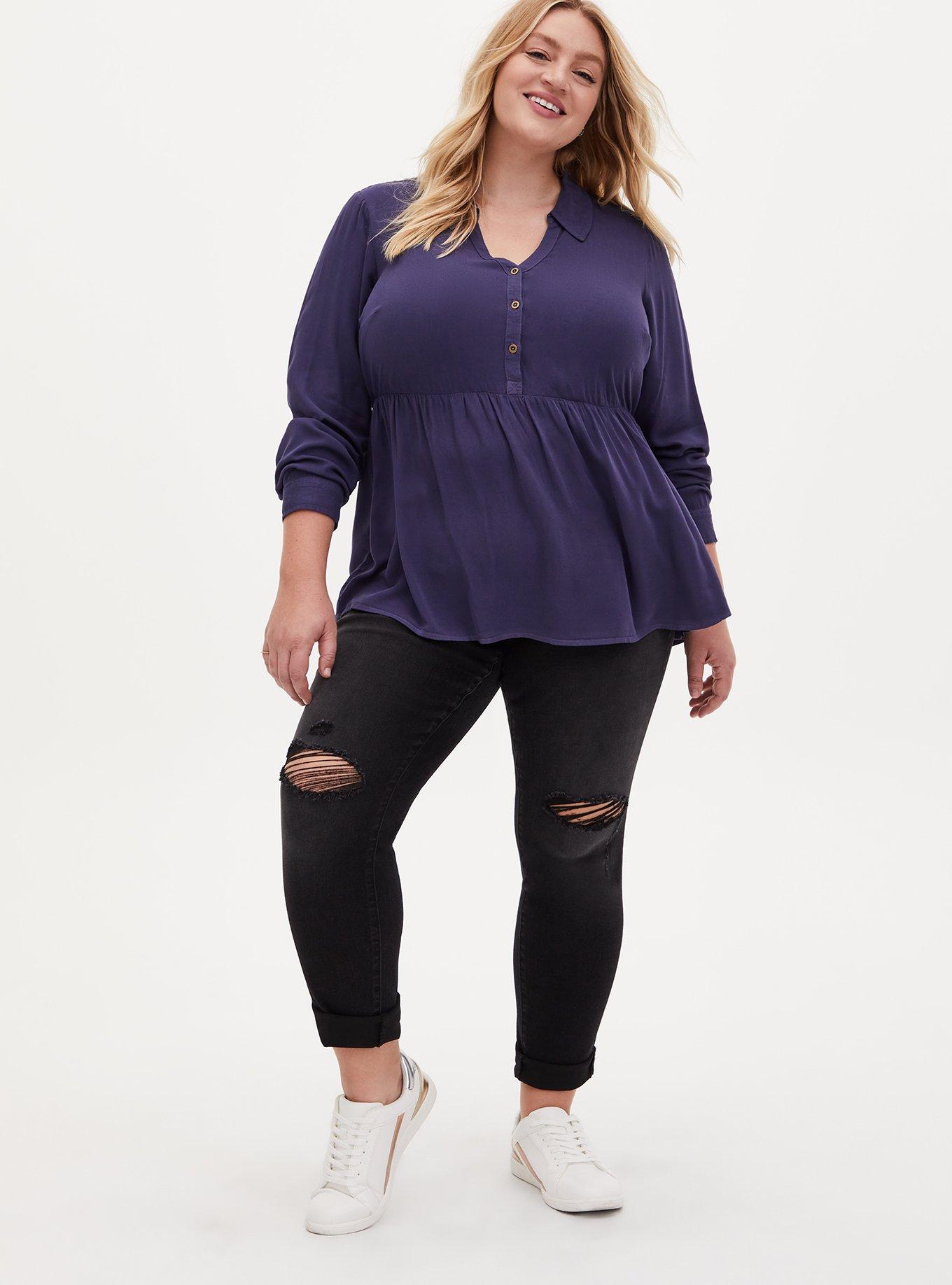 Plus Size Peplum Rayon Twill Button-Front Top, MEDIEVAL BLUE, alternate