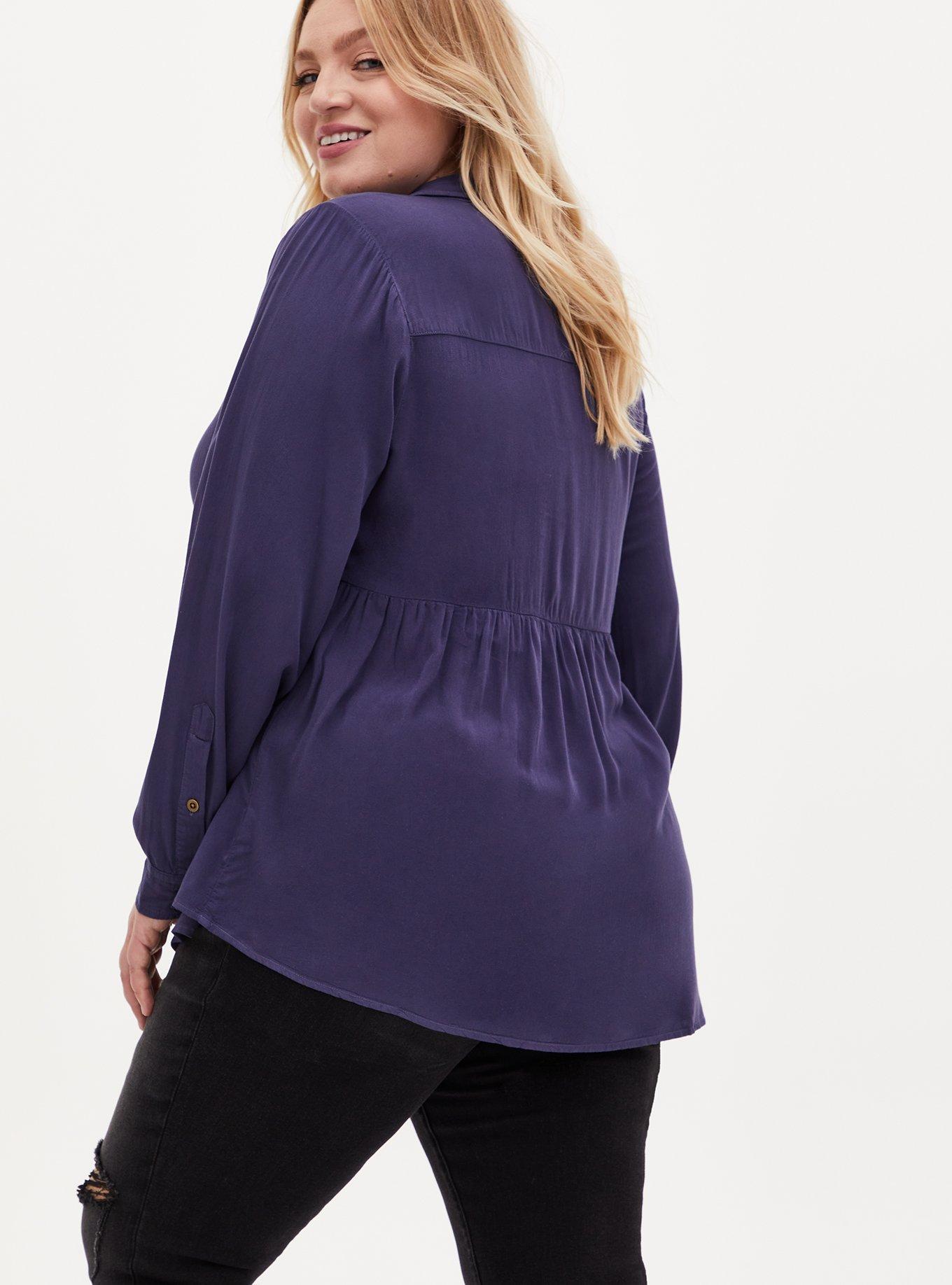 Plus Size Peplum Rayon Twill Button-Front Top, MEDIEVAL BLUE, alternate