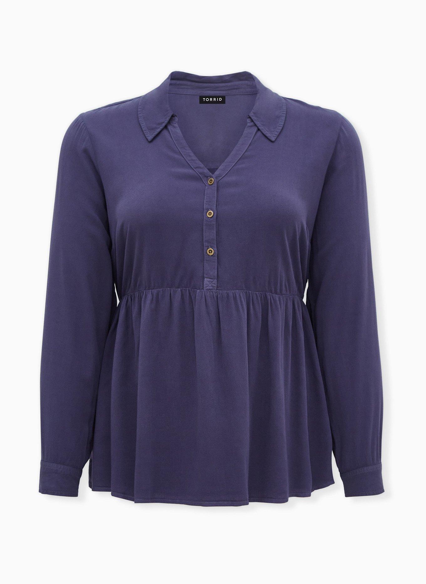 Plus Size Peplum Rayon Twill Button-Front Top, MEDIEVAL BLUE, hi-res