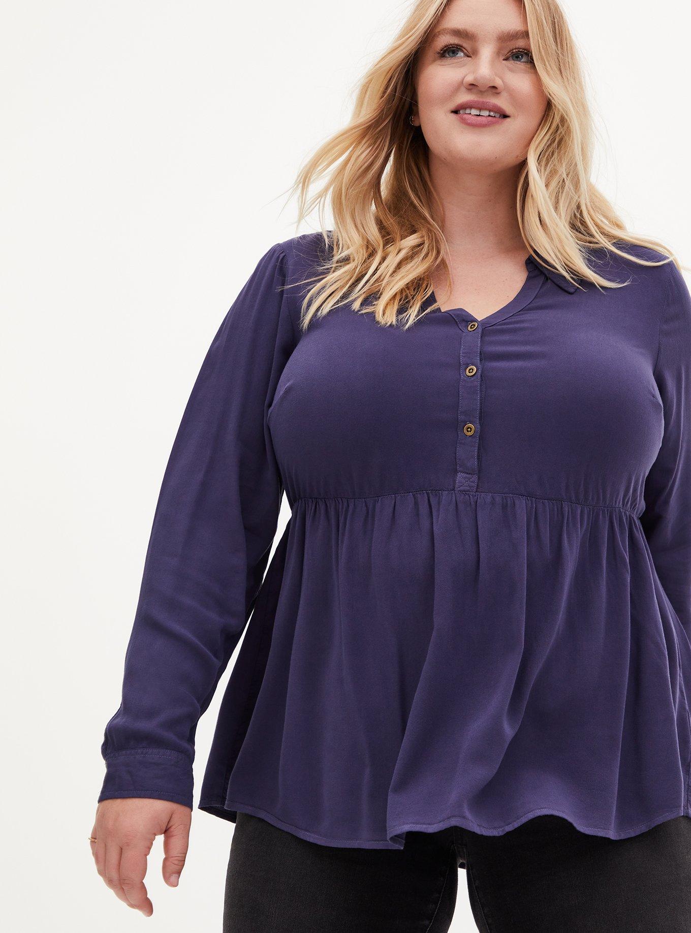 Plus Size Peplum Rayon Twill Button-Front Top, MEDIEVAL BLUE, hi-res