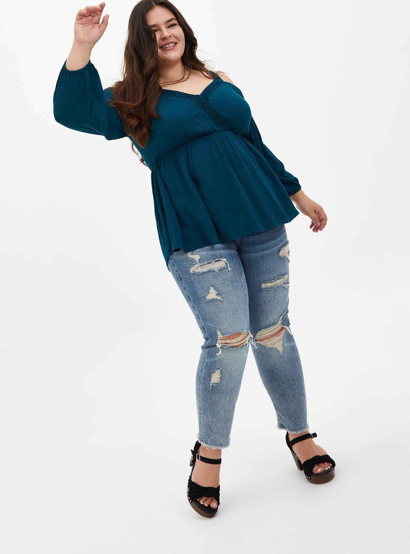 Plus Size Teal Gauze Cold Shoulder Peplum Blouse, SECRET GARDEN, alternate