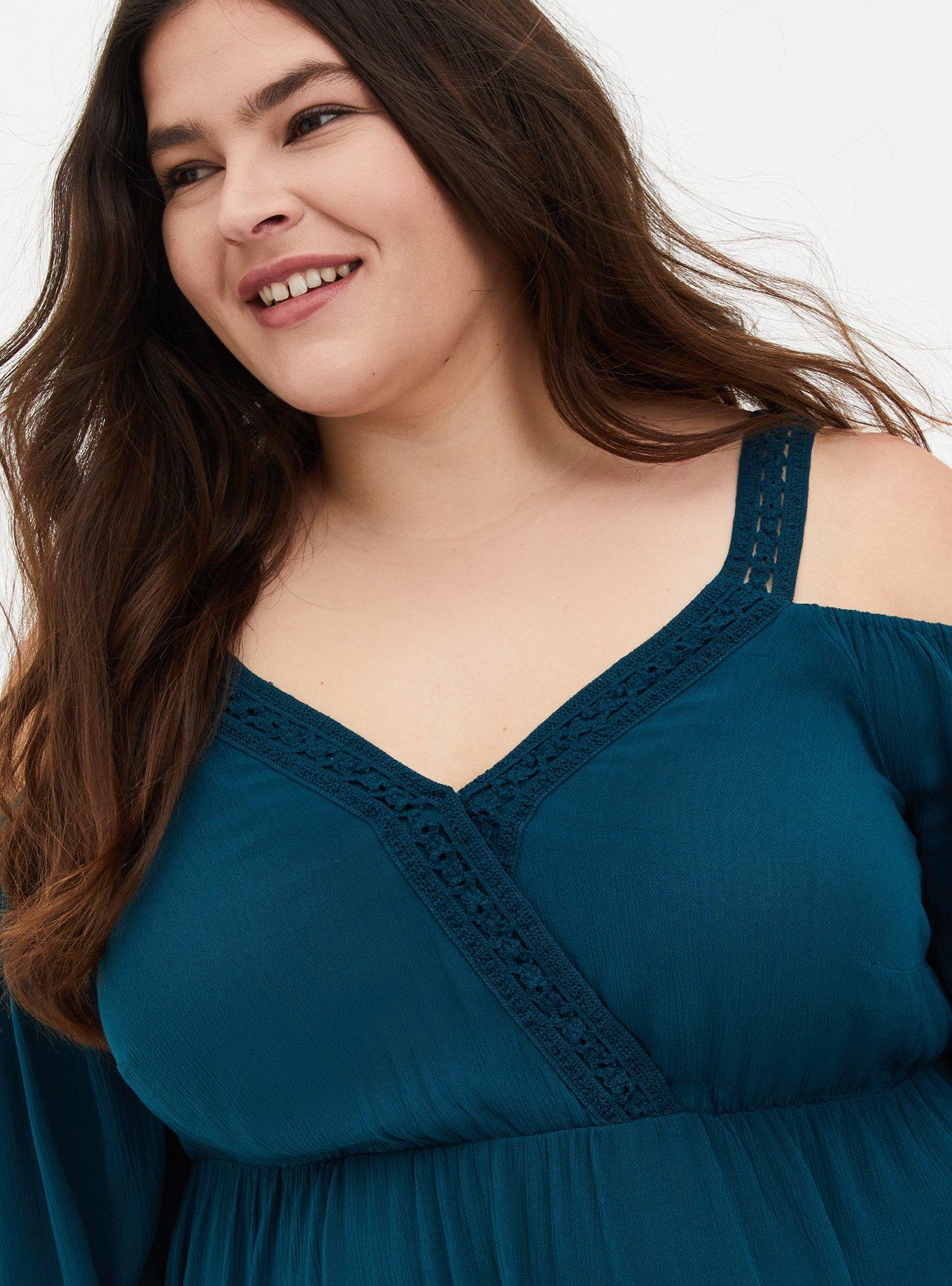 Plus Size Teal Gauze Cold Shoulder Peplum Blouse, SECRET GARDEN, alternate