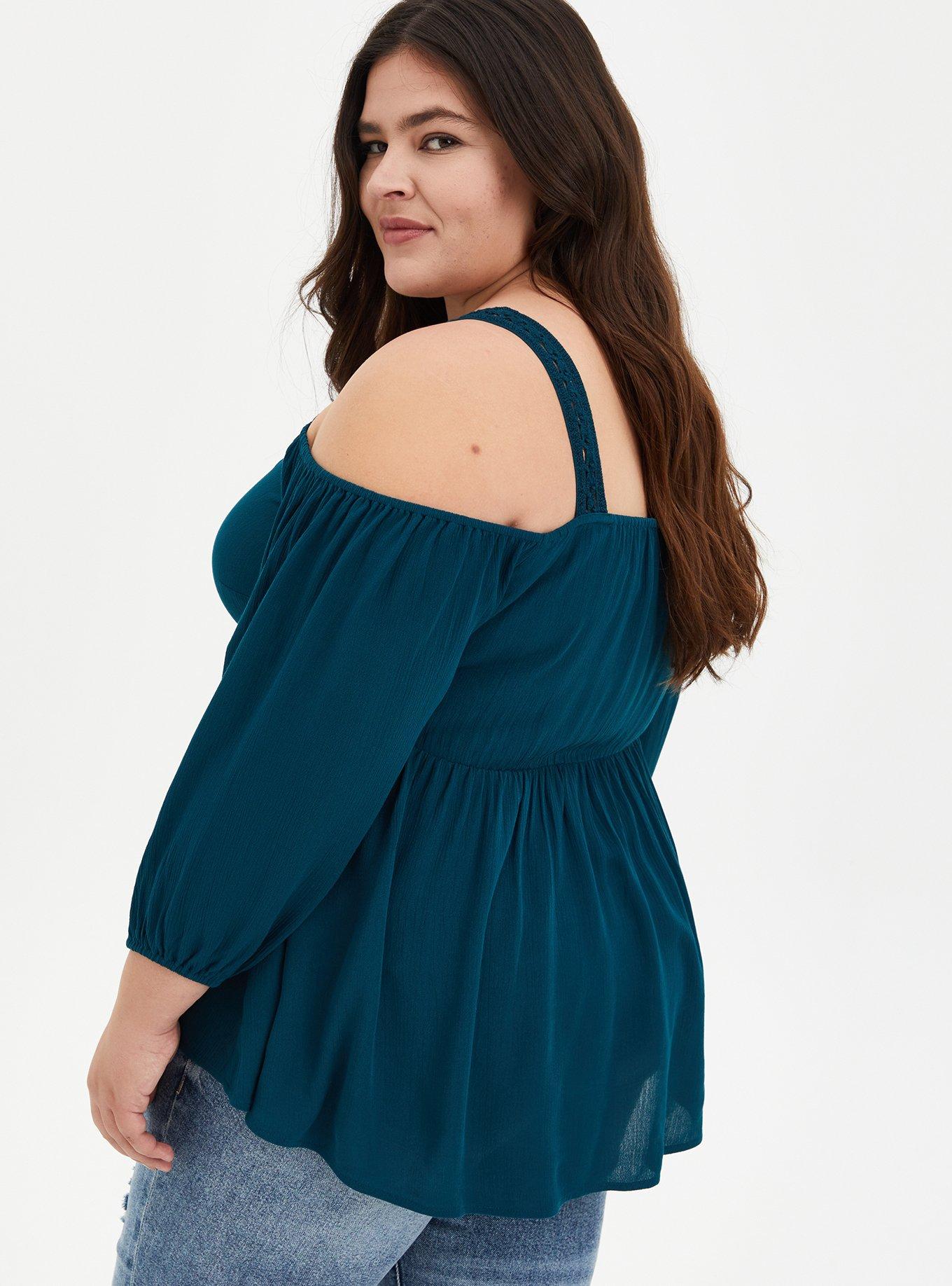Plus Size Teal Gauze Cold Shoulder Peplum Blouse, SECRET GARDEN, alternate