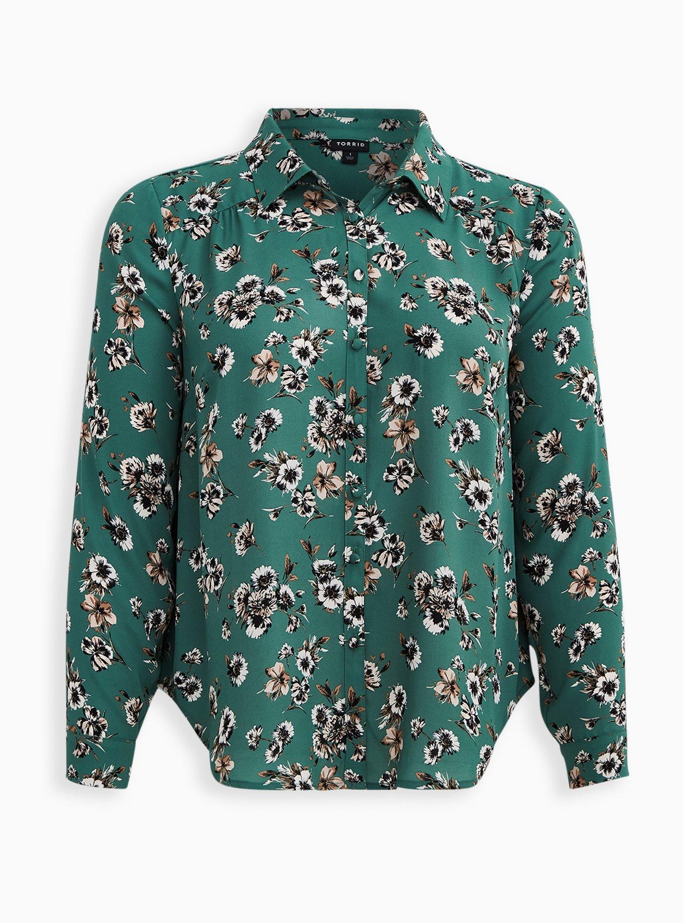 Plus Size Madison Georgette Button-Up Long Sleeve Shirt, FLORAL GREEN, hi-res