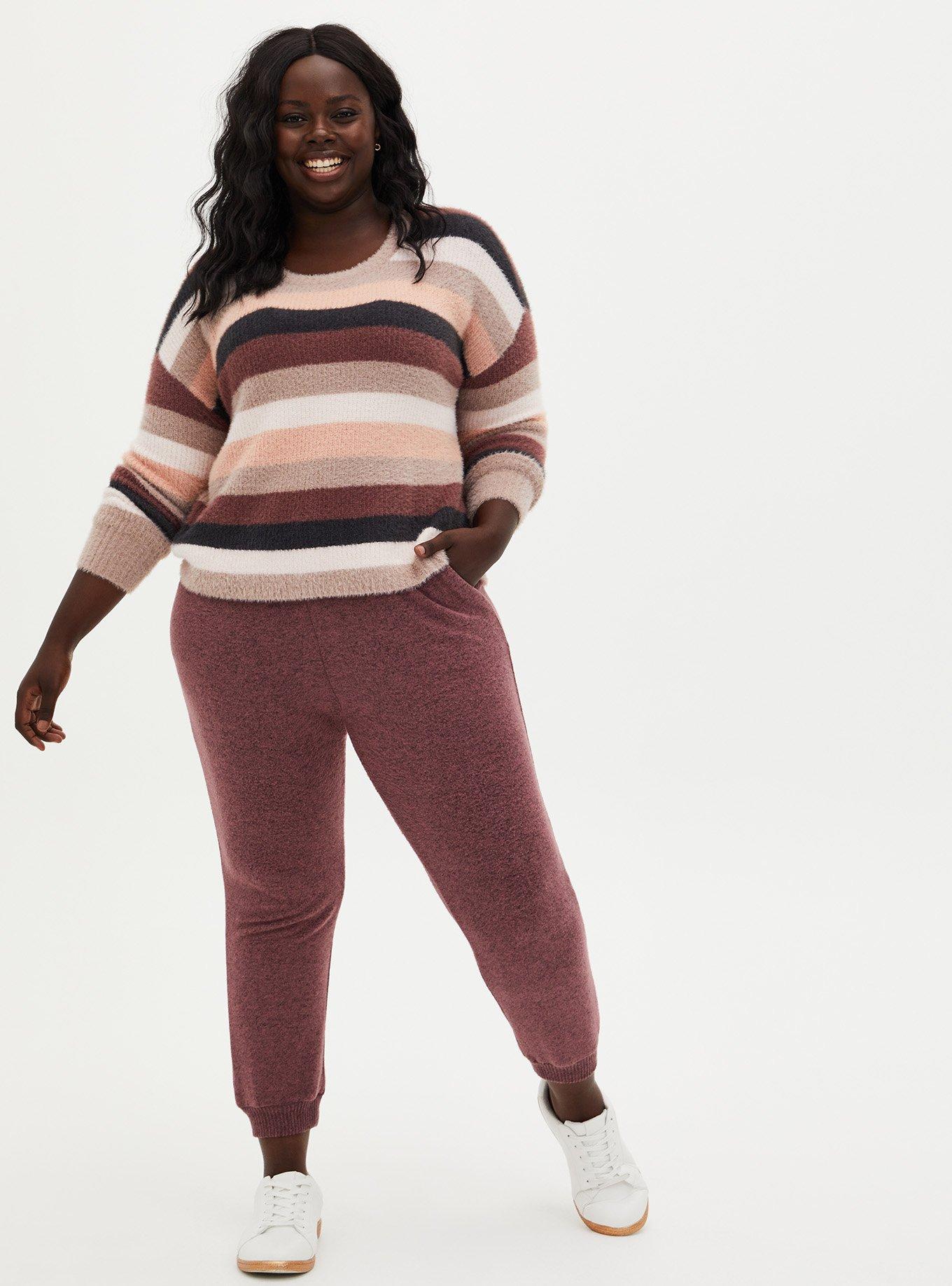 Plus Size Fuzzy Yarn Pullover Drop Shoulder Sweater, MULTI STRIPE, alternate