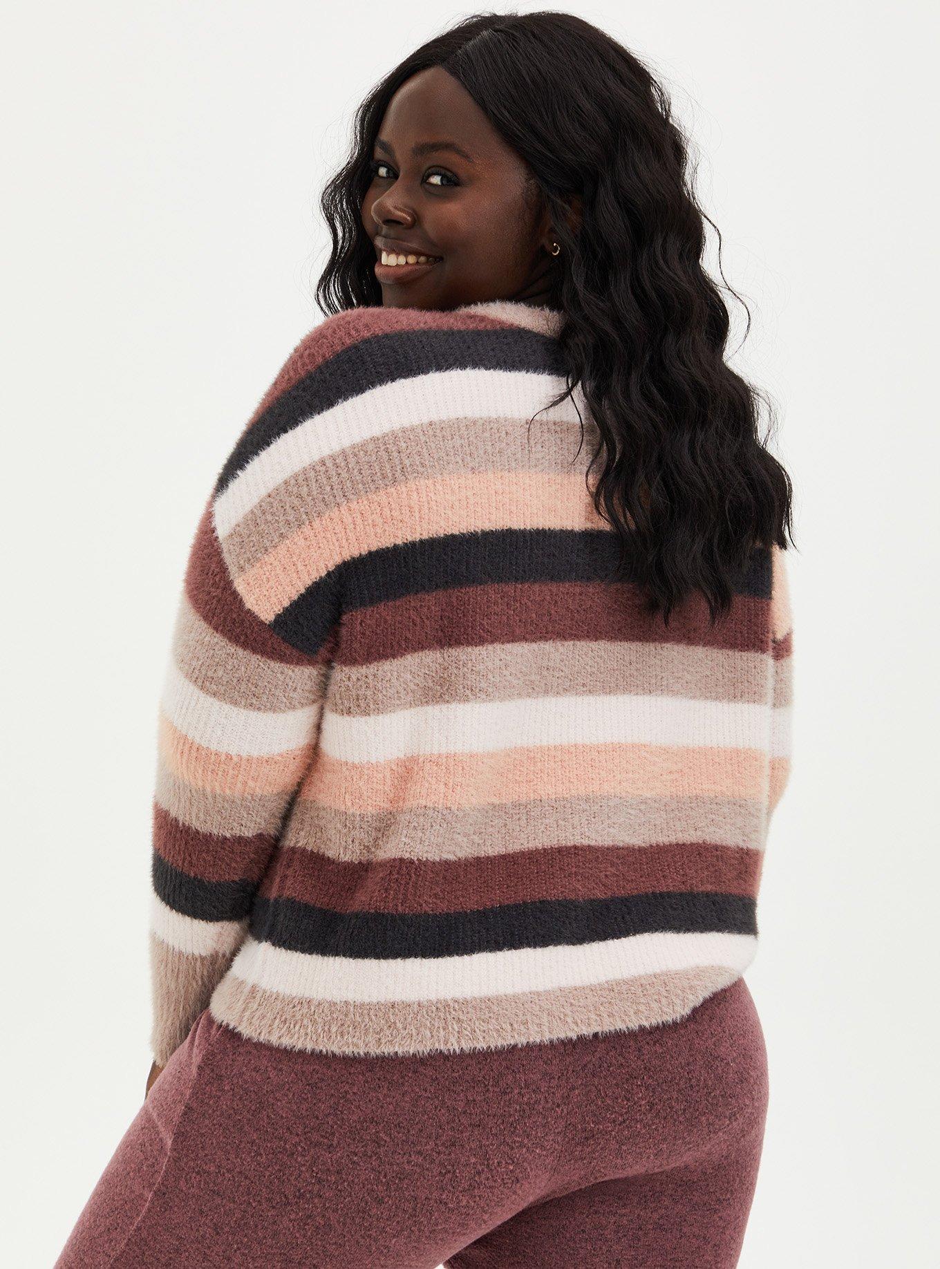 Plus Size Fuzzy Yarn Pullover Drop Shoulder Sweater, MULTI STRIPE, alternate