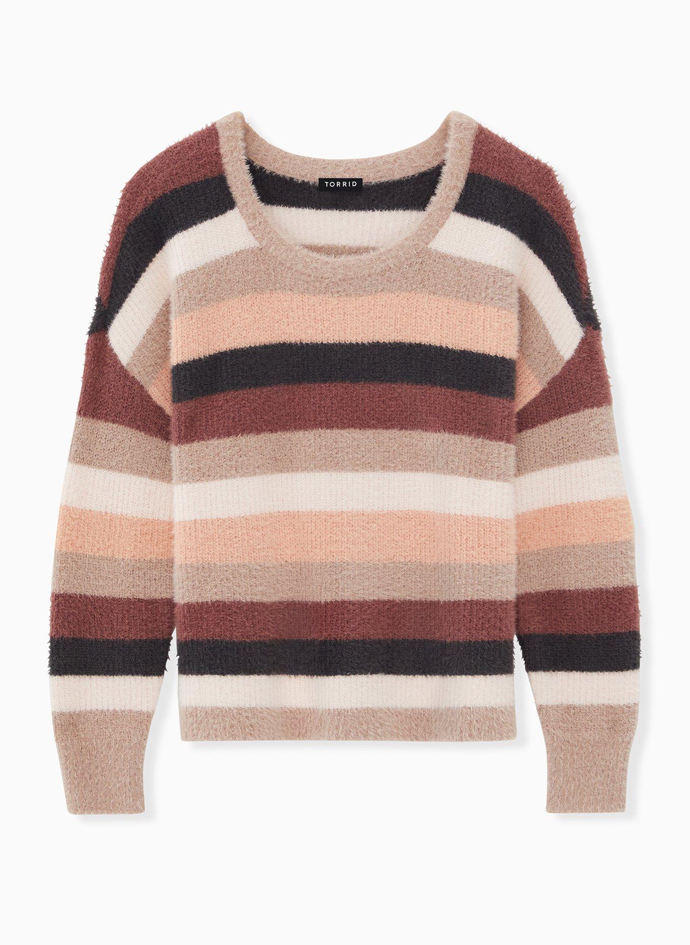 Plus Size Fuzzy Yarn Pullover Drop Shoulder Sweater, MULTI STRIPE, hi-res
