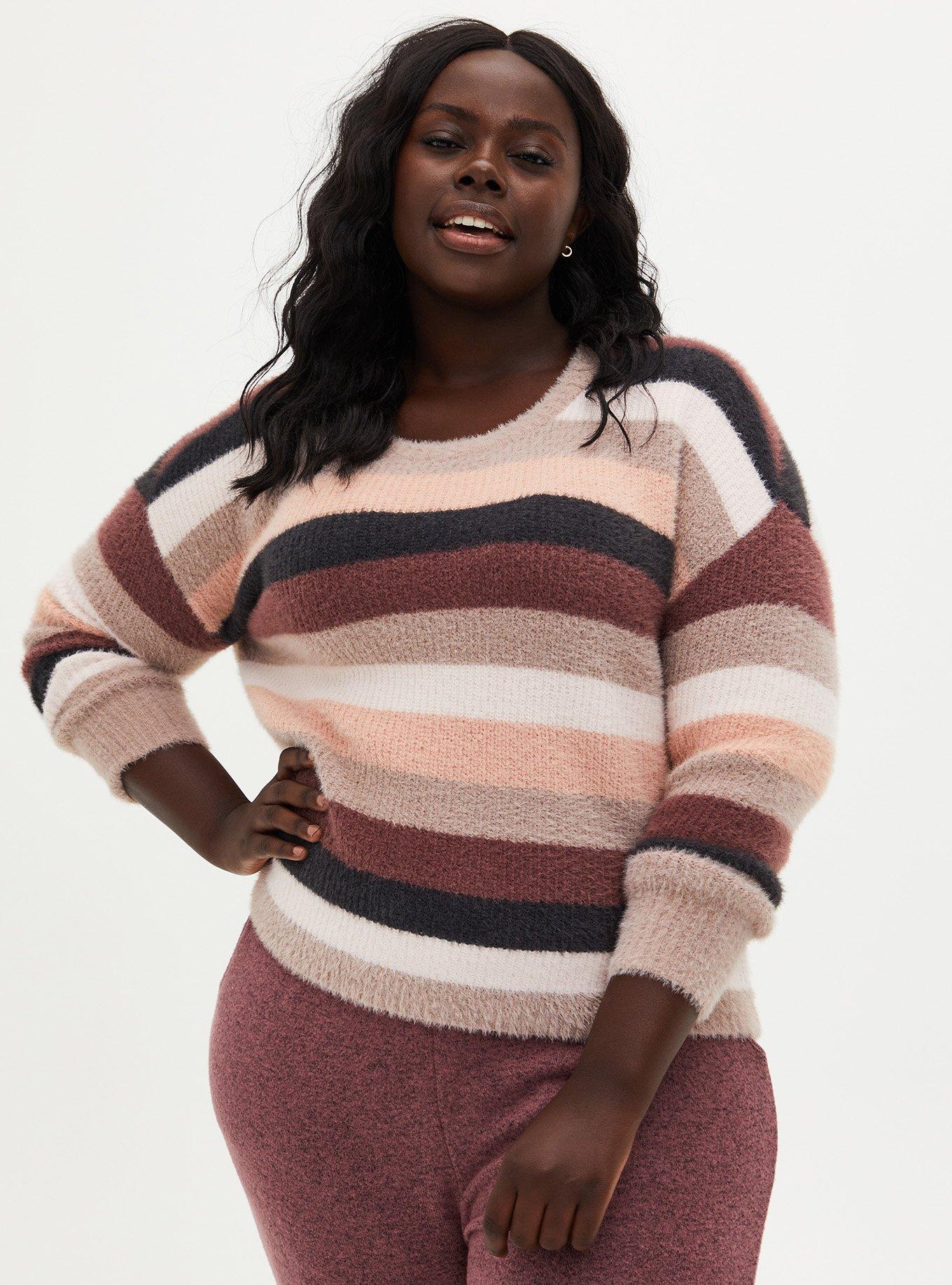 Plus Size Fuzzy Yarn Pullover Drop Shoulder Sweater, MULTI STRIPE, hi-res