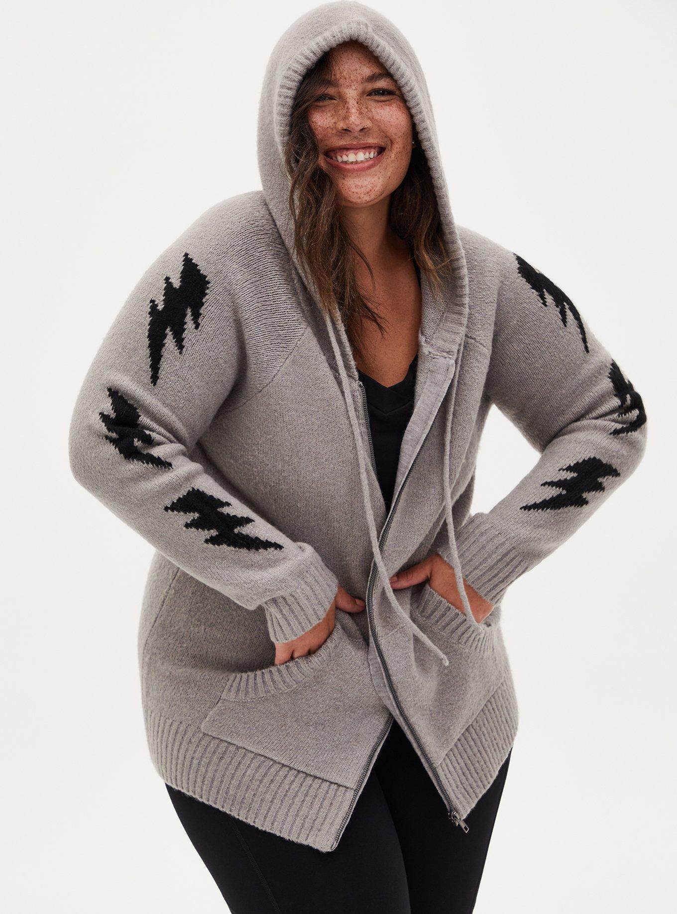 Light Grey Bolt Zip Hooded Cardigan, HEATHER GREY, hi-res