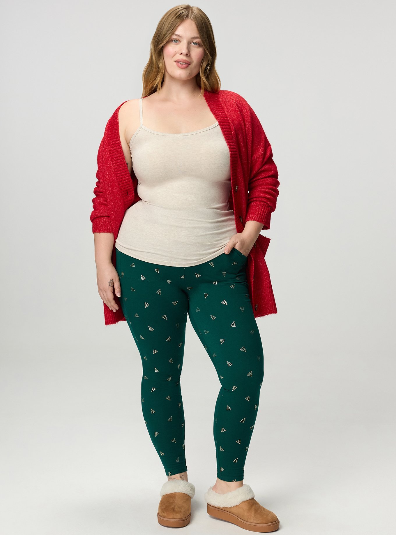 Full-Length Pocket Legging, FOIL CHRISTMAS TREES  GREEN, hi-res