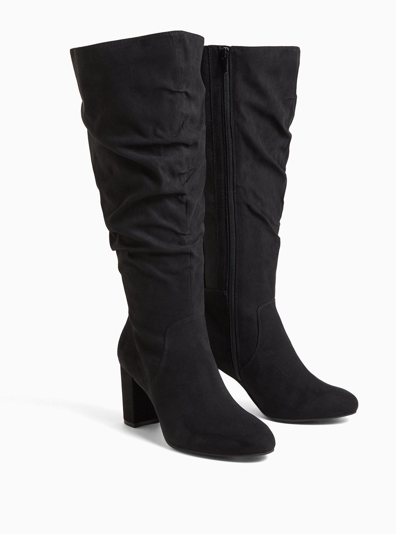 Plus Size Black Faux Suede Scrunch Block Heel Knee-High Boot (WW), BLACK, alternate