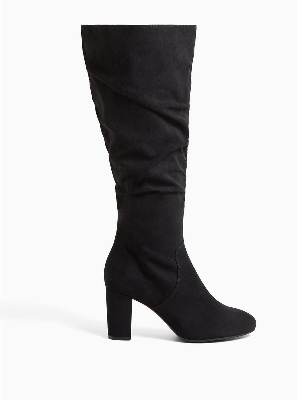 Plus Size - Black Faux Suede Scrunch Block Heel Knee-High Boot (WW ...