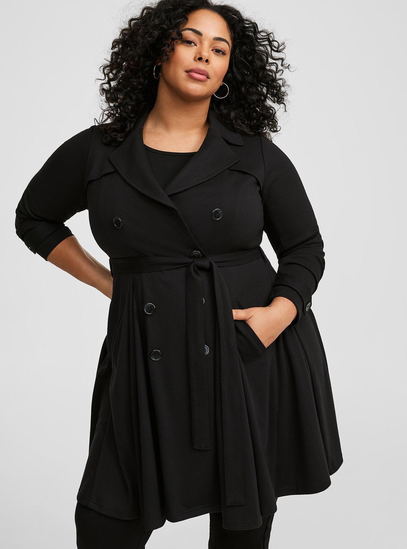 Brushed Ponte Trench Coat, DEEP BLACK, alternate