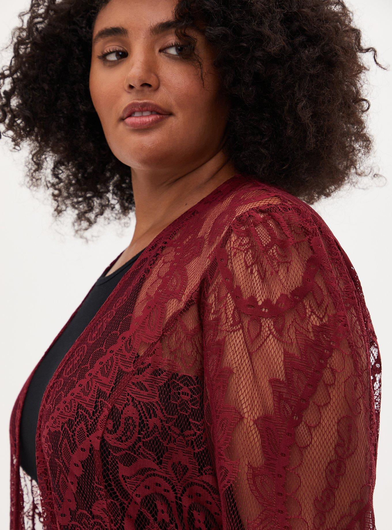 Dark Red Lace Long Sleeve Duster Kimono, CORDOVAN, alternate