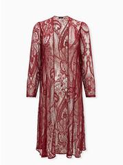 Dark Red Lace Long Sleeve Duster Kimono, CORDOVAN, hi-res