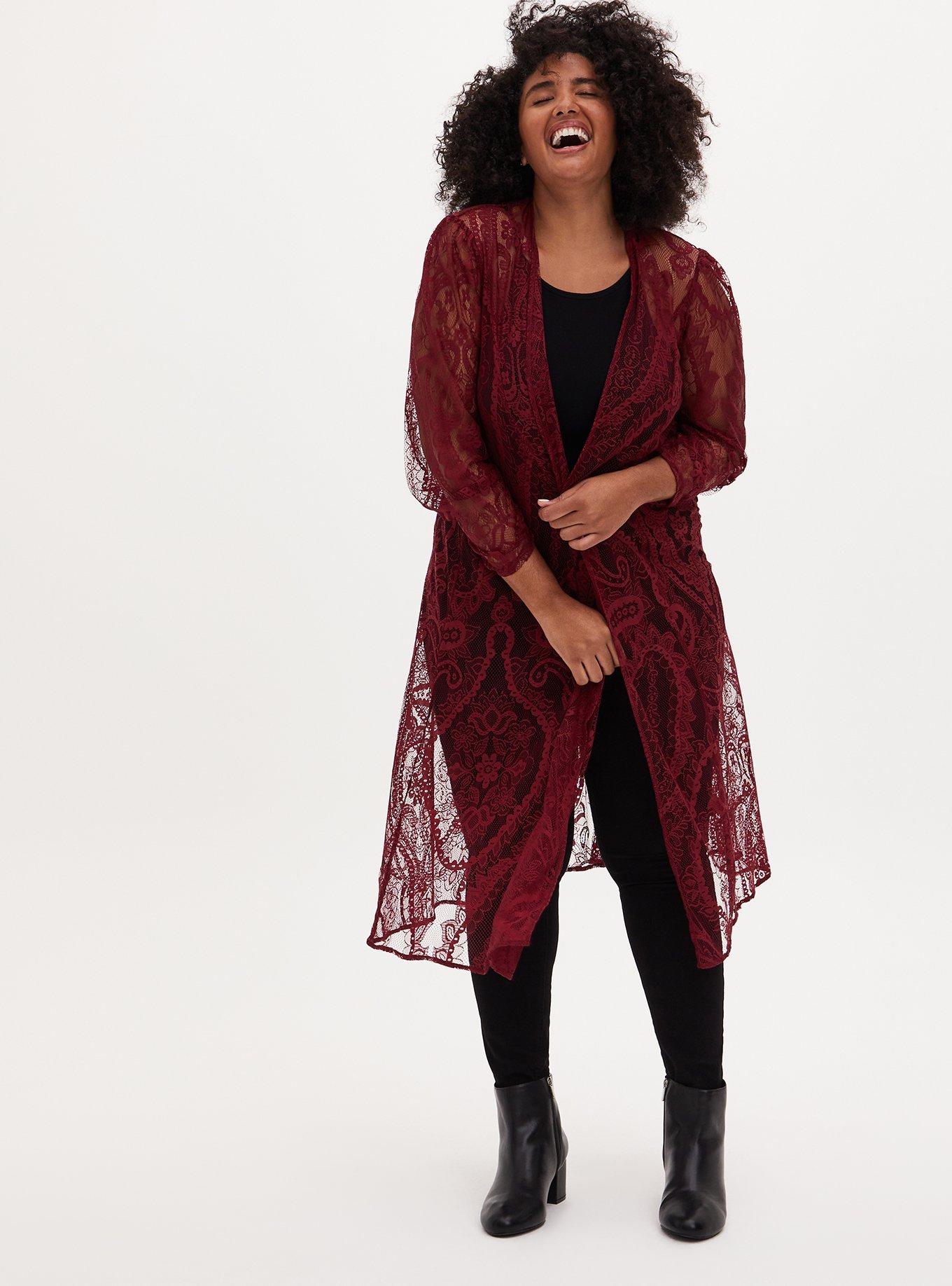 Plus Size Dark Red Lace Long Sleeve Duster Kimono Torrid