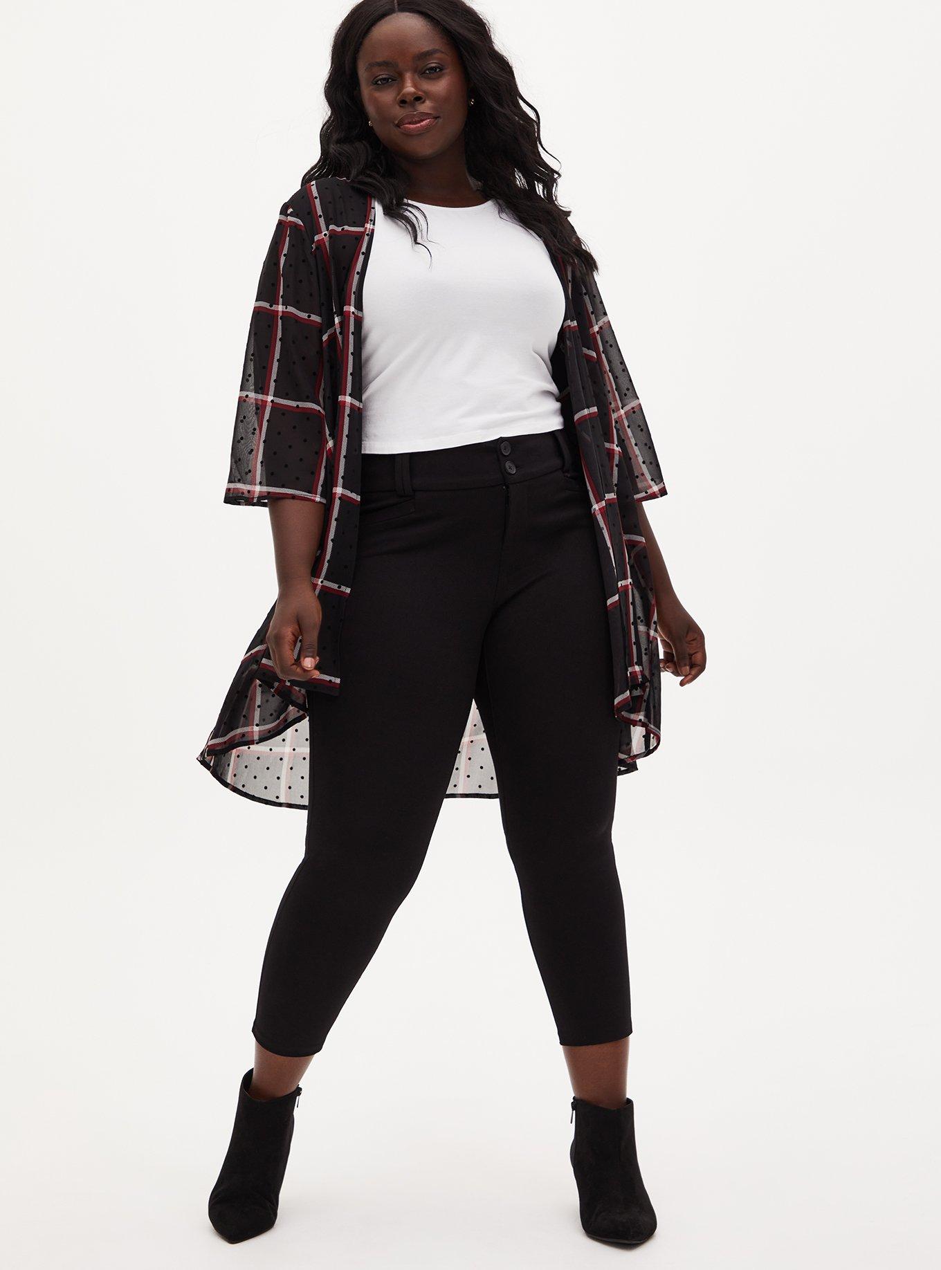 Plus Size Black Plaid Flocked Dot Chiffon Kimono, PLAID BLACK, alternate