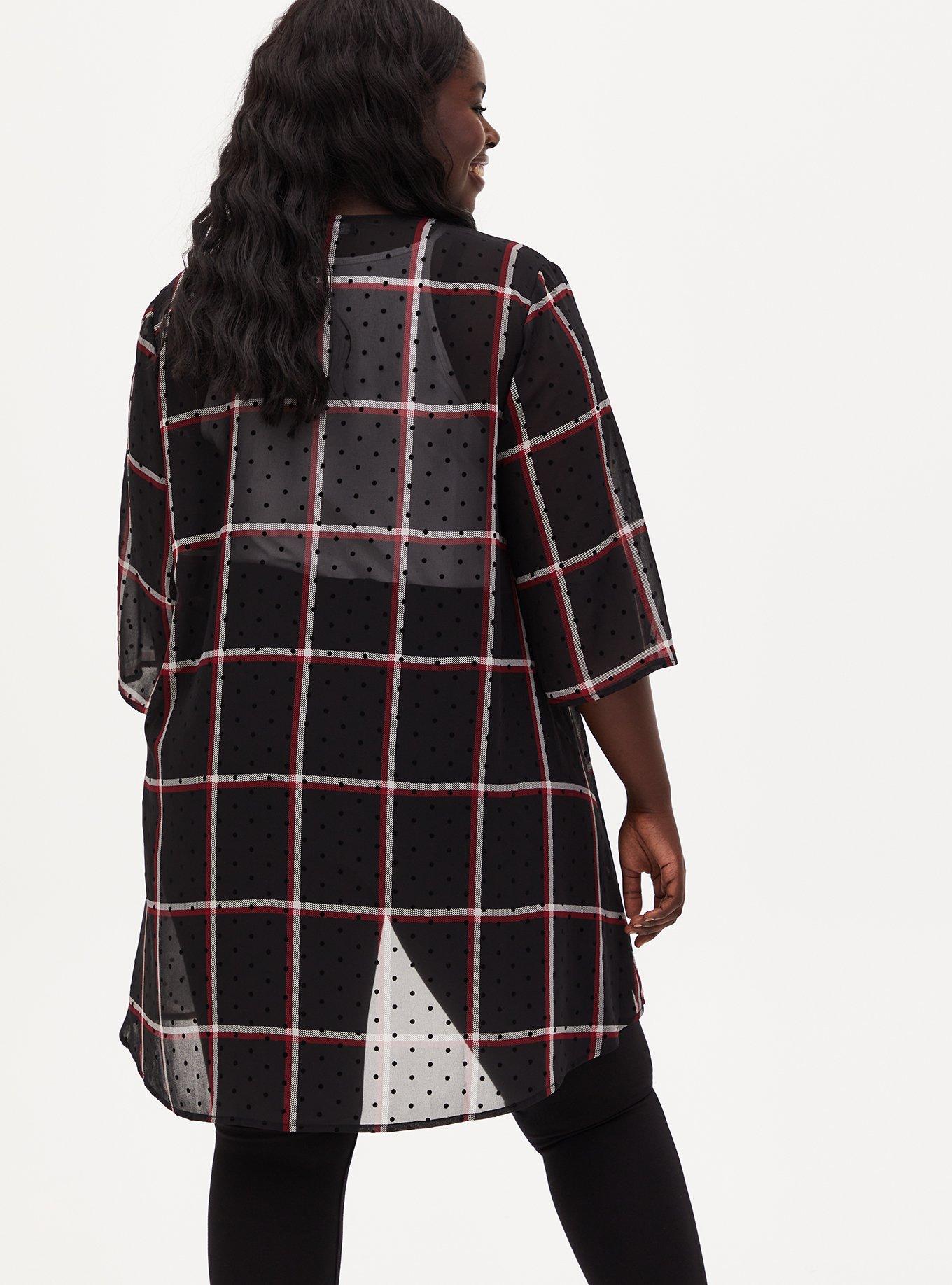 Plus Size Black Plaid Flocked Dot Chiffon Kimono, PLAID BLACK, alternate