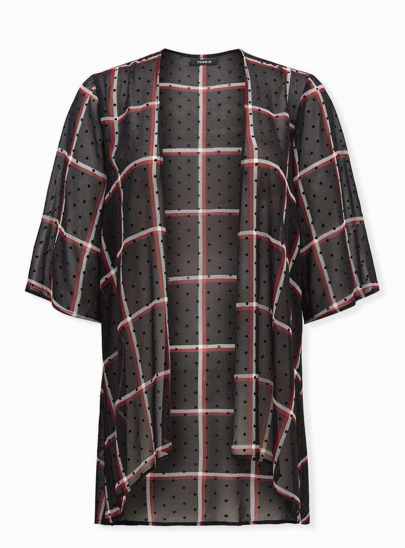 Plus Size Black Plaid Flocked Dot Chiffon Kimono, PLAID BLACK, hi-res