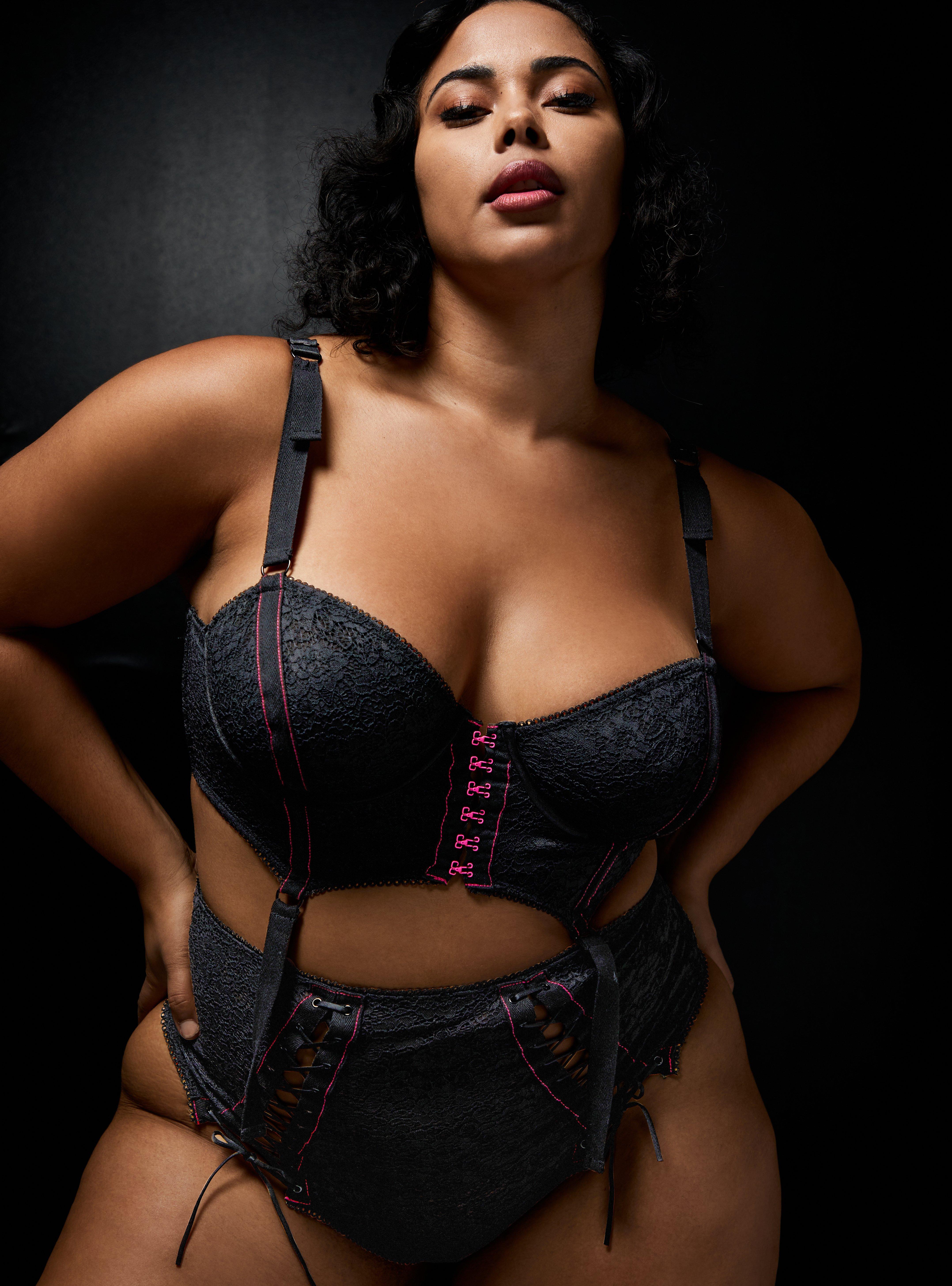 Plus Size Betsey Johnson Lace Corset High Waist Thong Panty, RICH BLACK, alternate