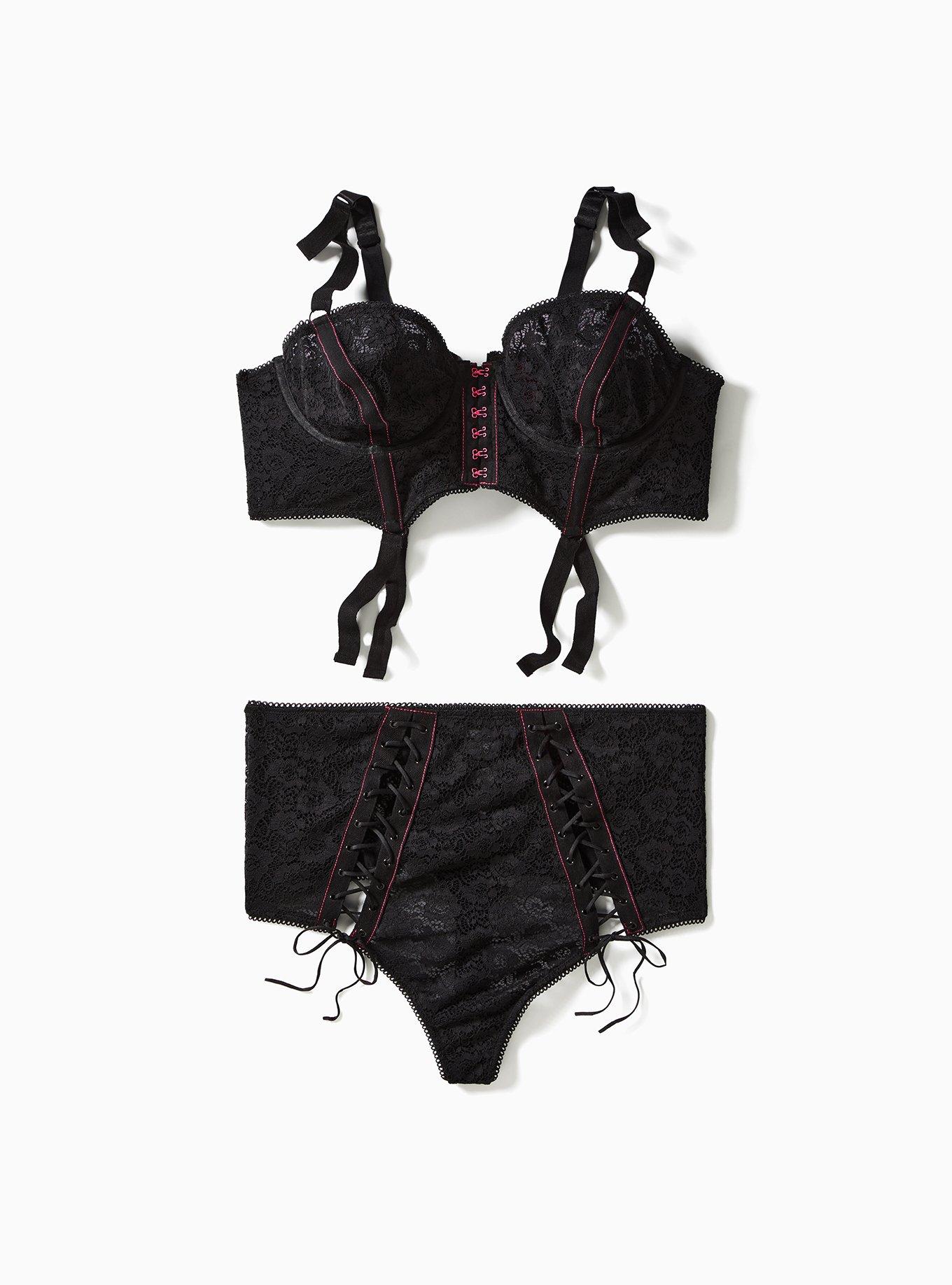 Plus Size Betsey Johnson Lace Corset High Waist Thong Panty, RICH BLACK, alternate