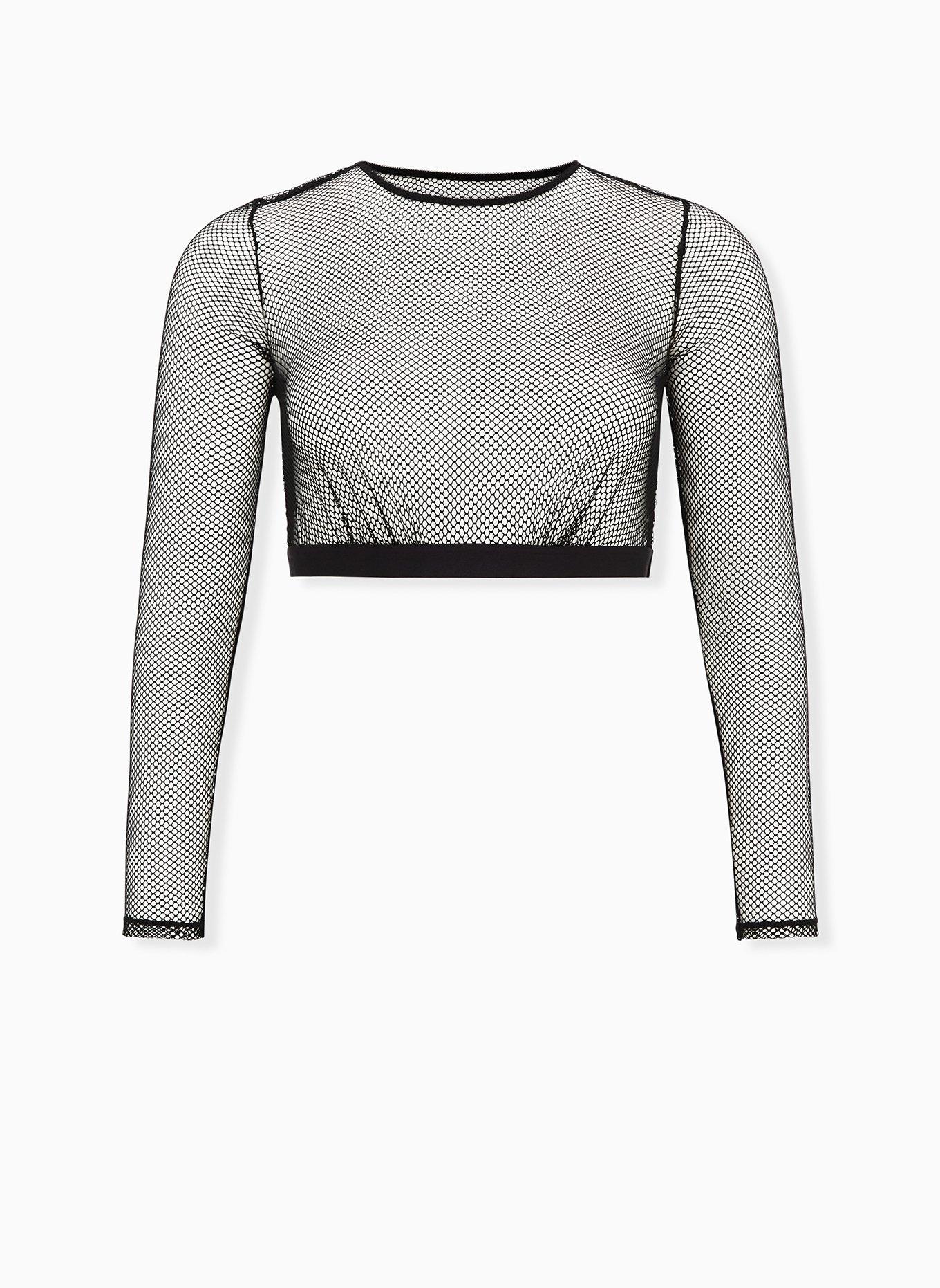 Betsey Johnson Fishnet Long Sleeve Under-It-All Crop Top, , hi-res