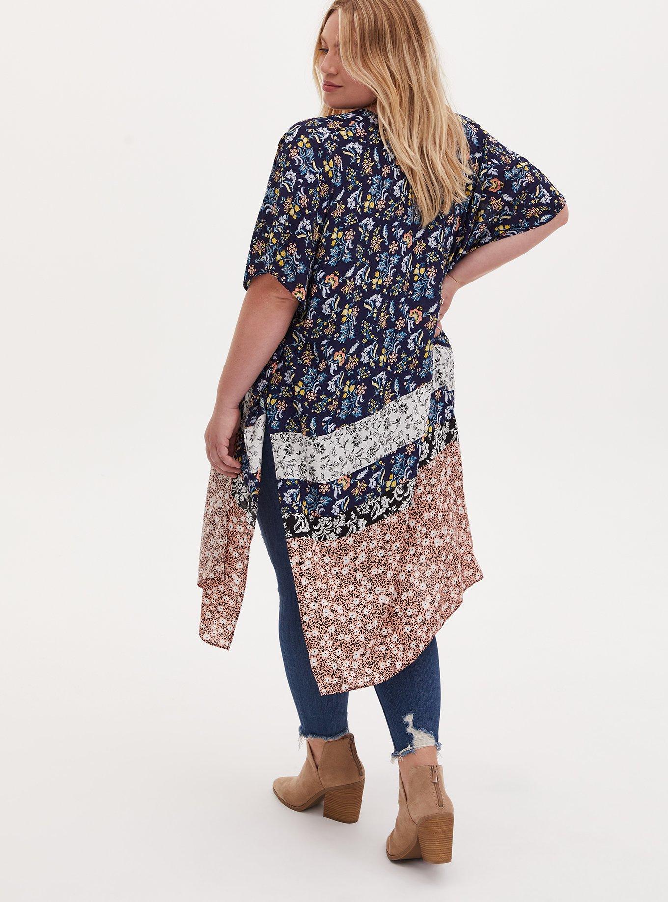 Mixed Floral Print Gauze Longline Kimono, , alternate