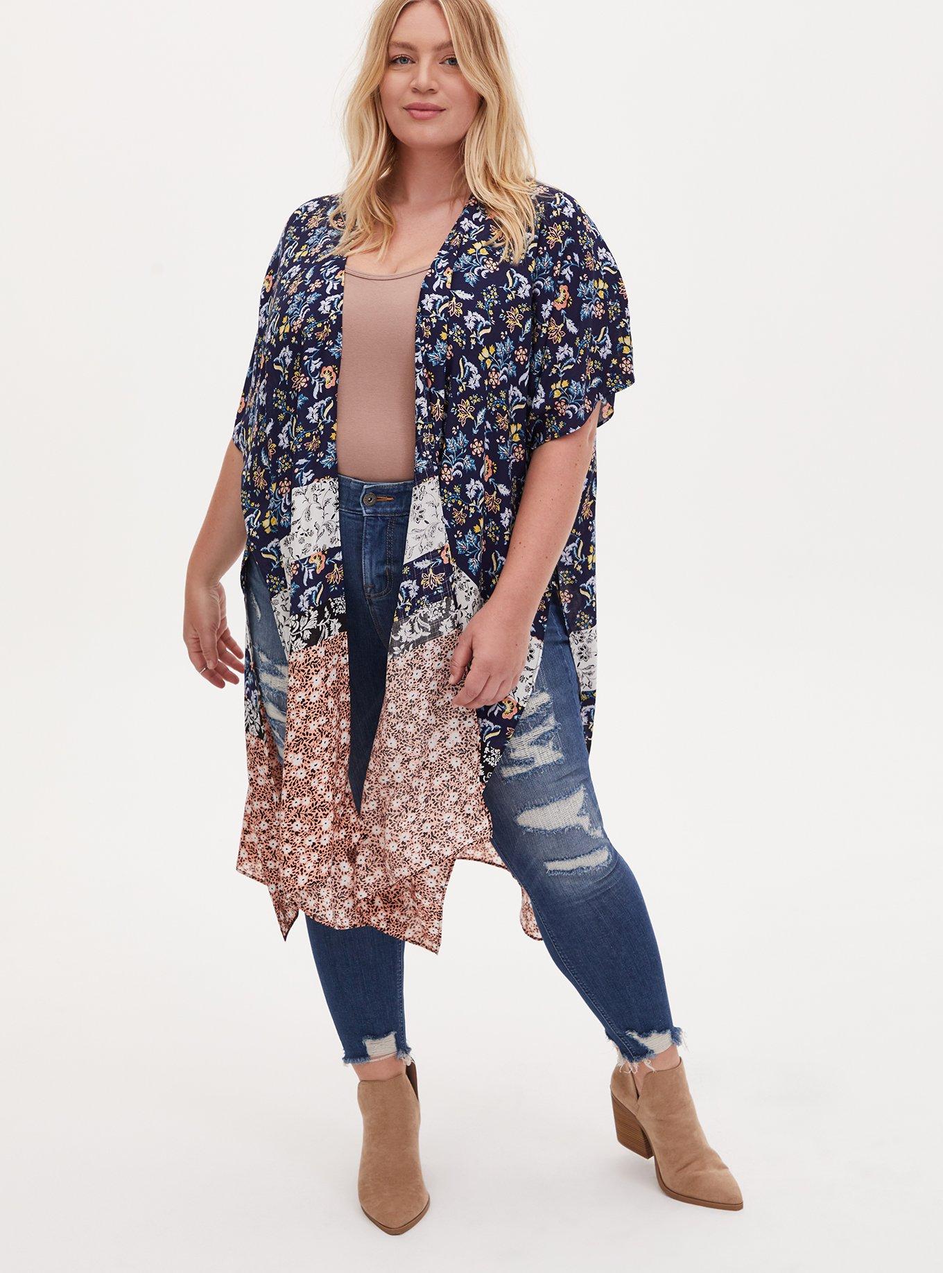 Mixed Floral Print Gauze Longline Kimono, , hi-res