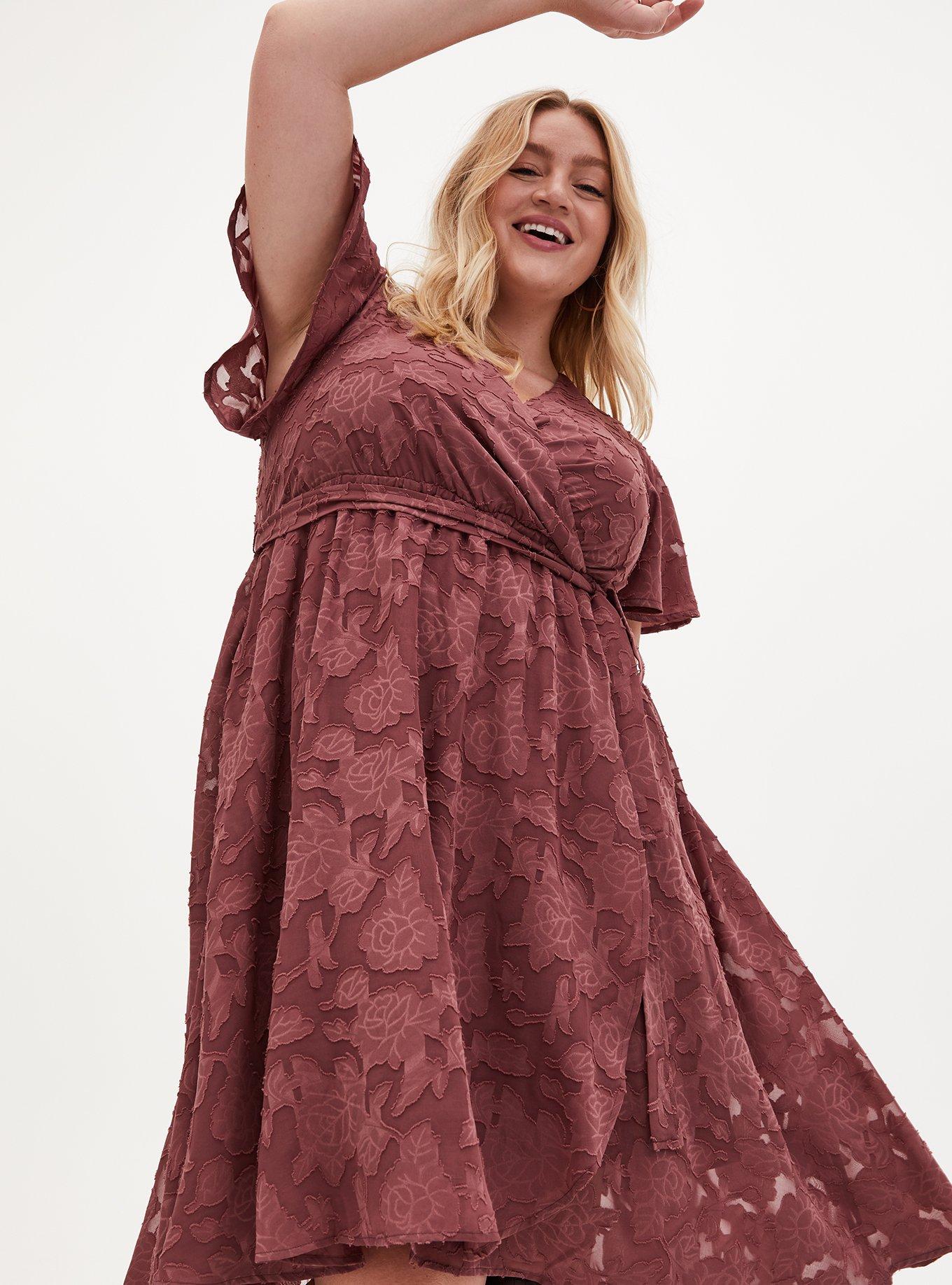 Plus Size - Pink Floral Burnout Jacquard Wrap Midi Dress