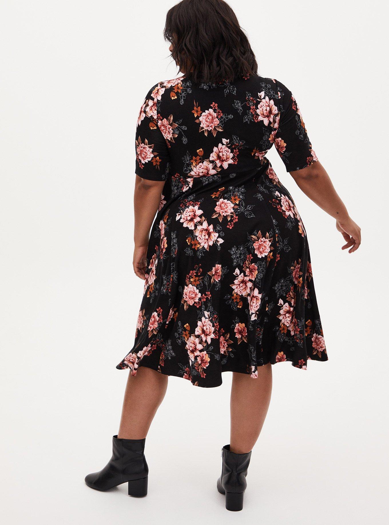 Midi Studio Luxe Ponte Skater Dress, BLACK FLORAL, alternate